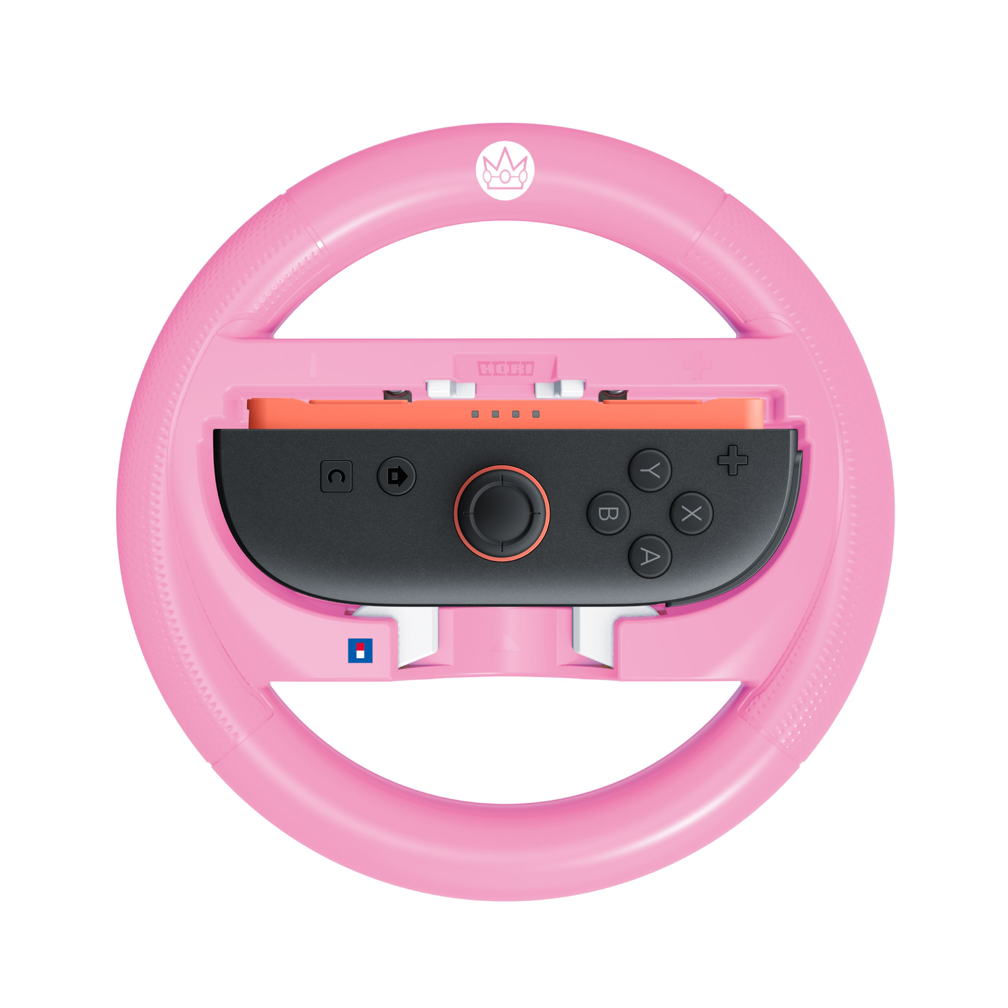 Ein rosa Rennlenkrad mit einem Nintendo Switch Controller.