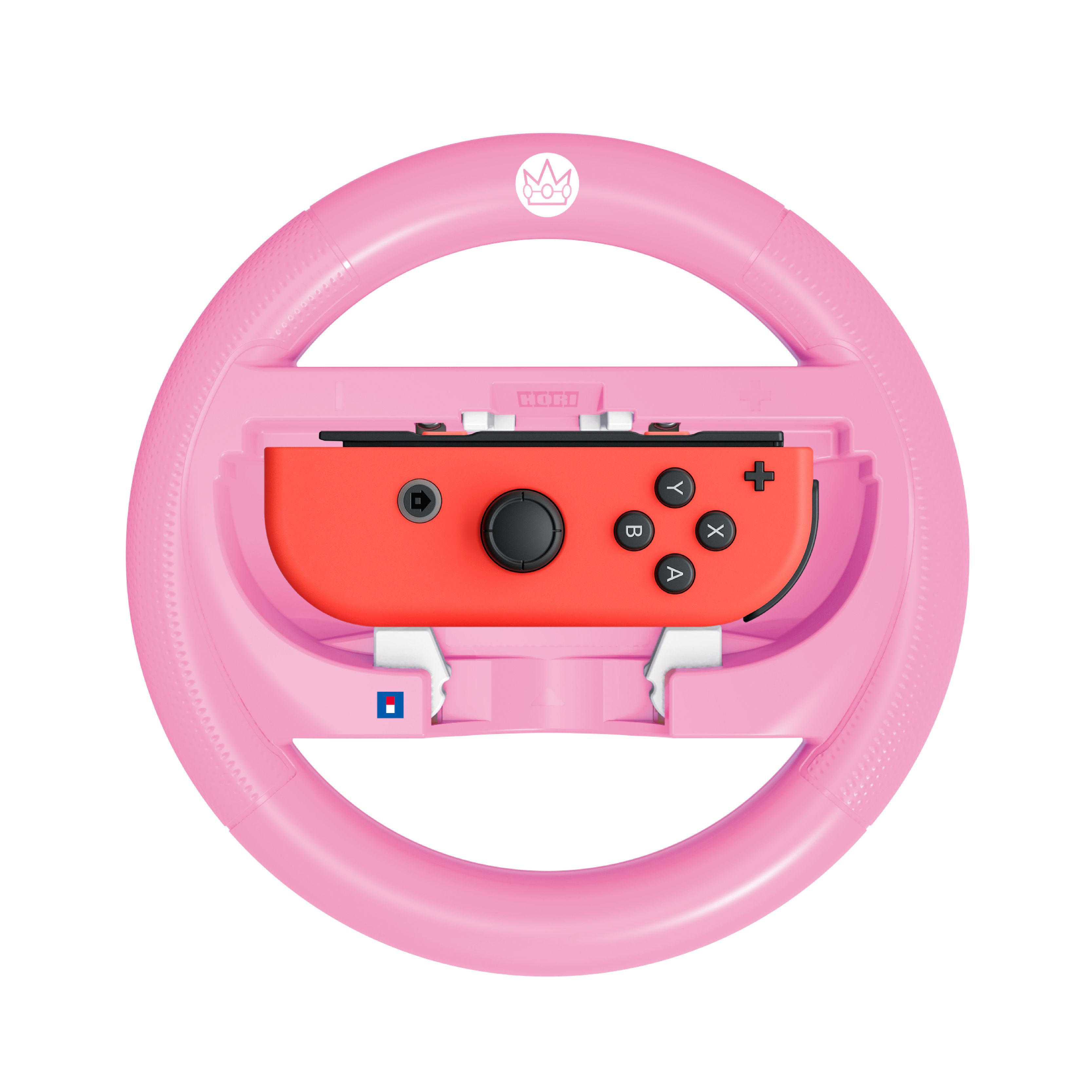Ein rosa Lenkrad-Controller mit einem roten Joy-Con, der in der Mitte eingesetzt ist.