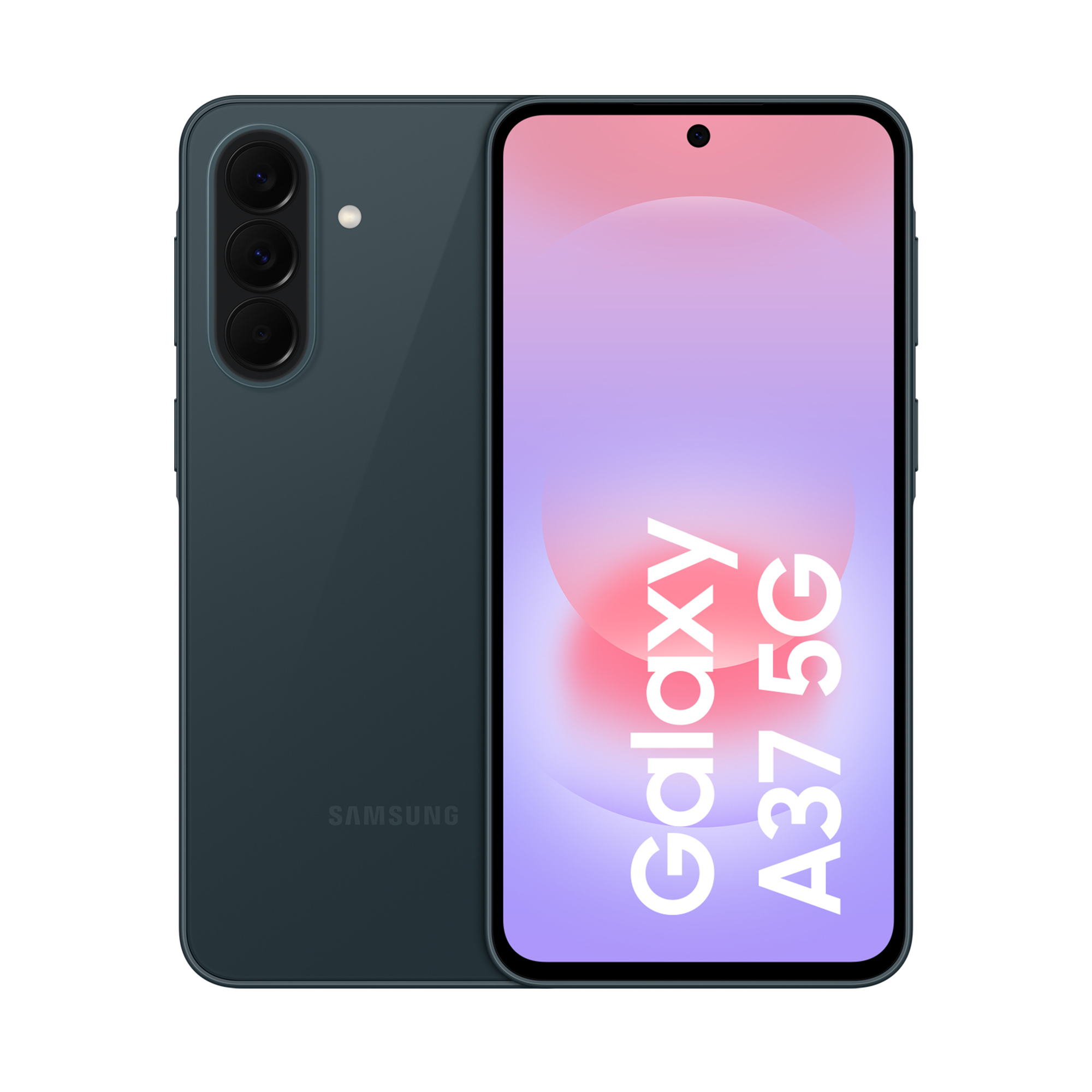 Ciemny smartfon z trzema tylnymi aparatami i napisem 'Galaxy A37 5G' na ekranie.