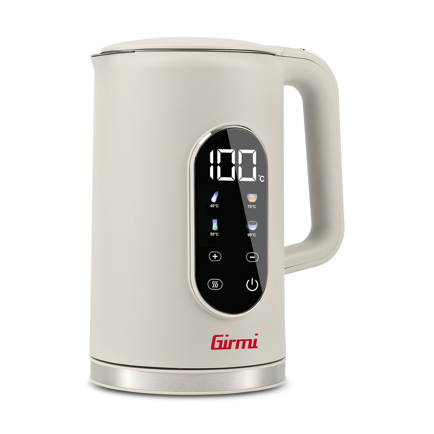 Bollitore elettrico beige con display digitale per temperatura e impostazioni.