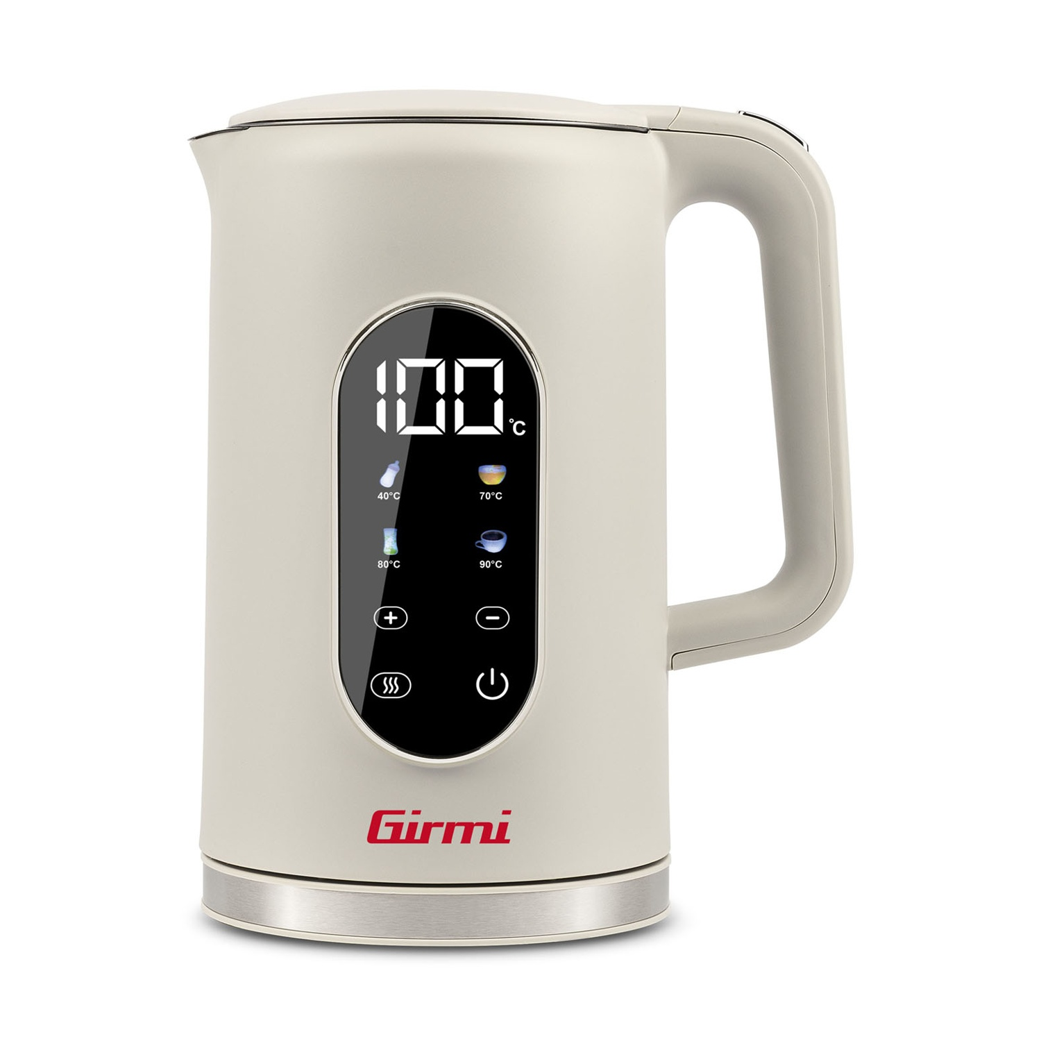 Bollitore Girmi beige con display digitale della temperatura e controlli.