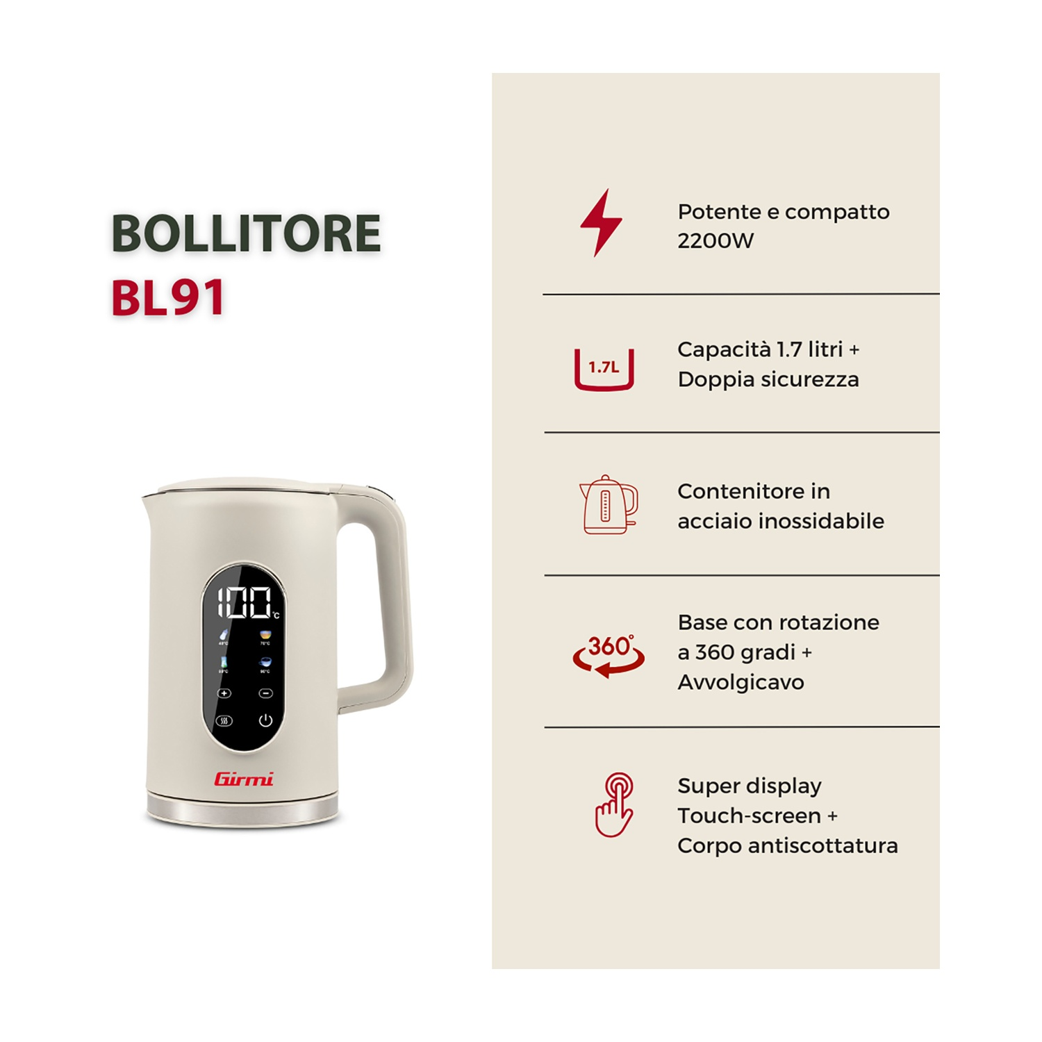 Un bollitore beige con display digitale che mostra 100°C e icone.
