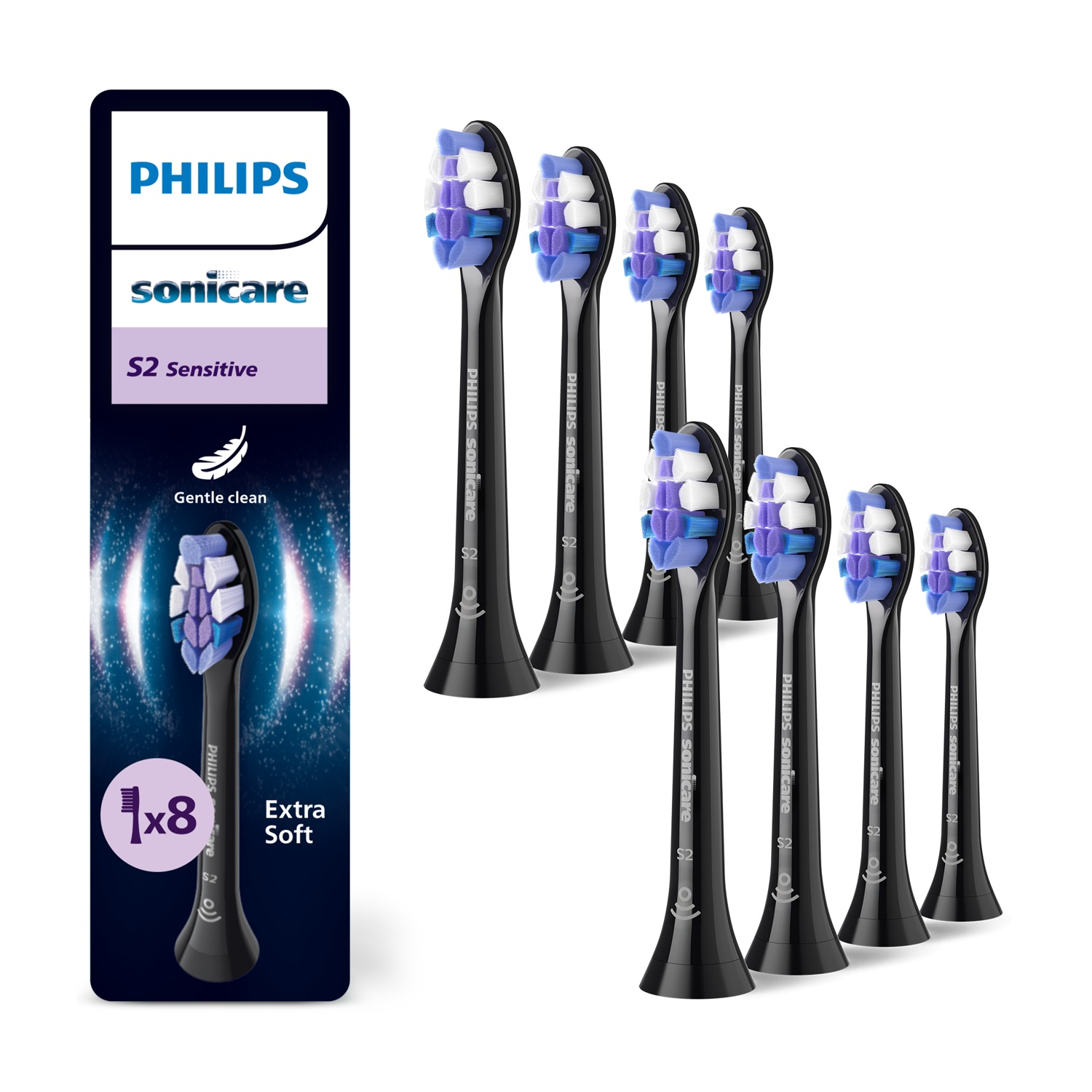 Testine spazzolino Philips Sonicare S2 Sensitive, confezione da 8, nere con setole viola e bianche.