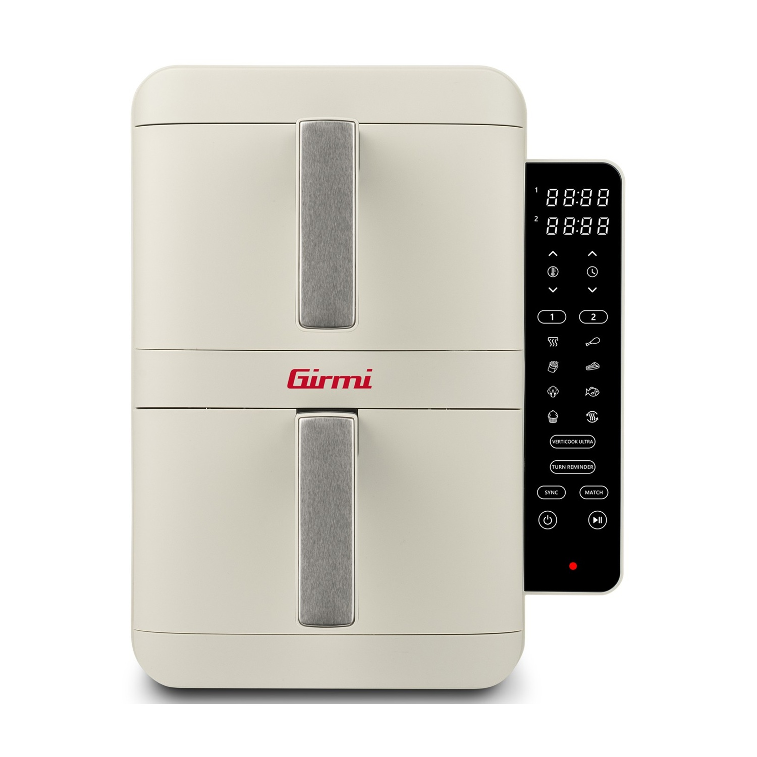 Una friggitrice ad aria Girmi color crema con pannello di controllo digitale e icone.