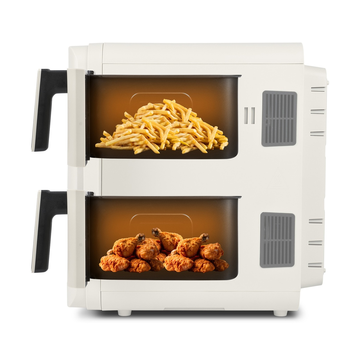Friggitrice ad aria doppia bianca con patatine fritte e cosce di pollo fritte.