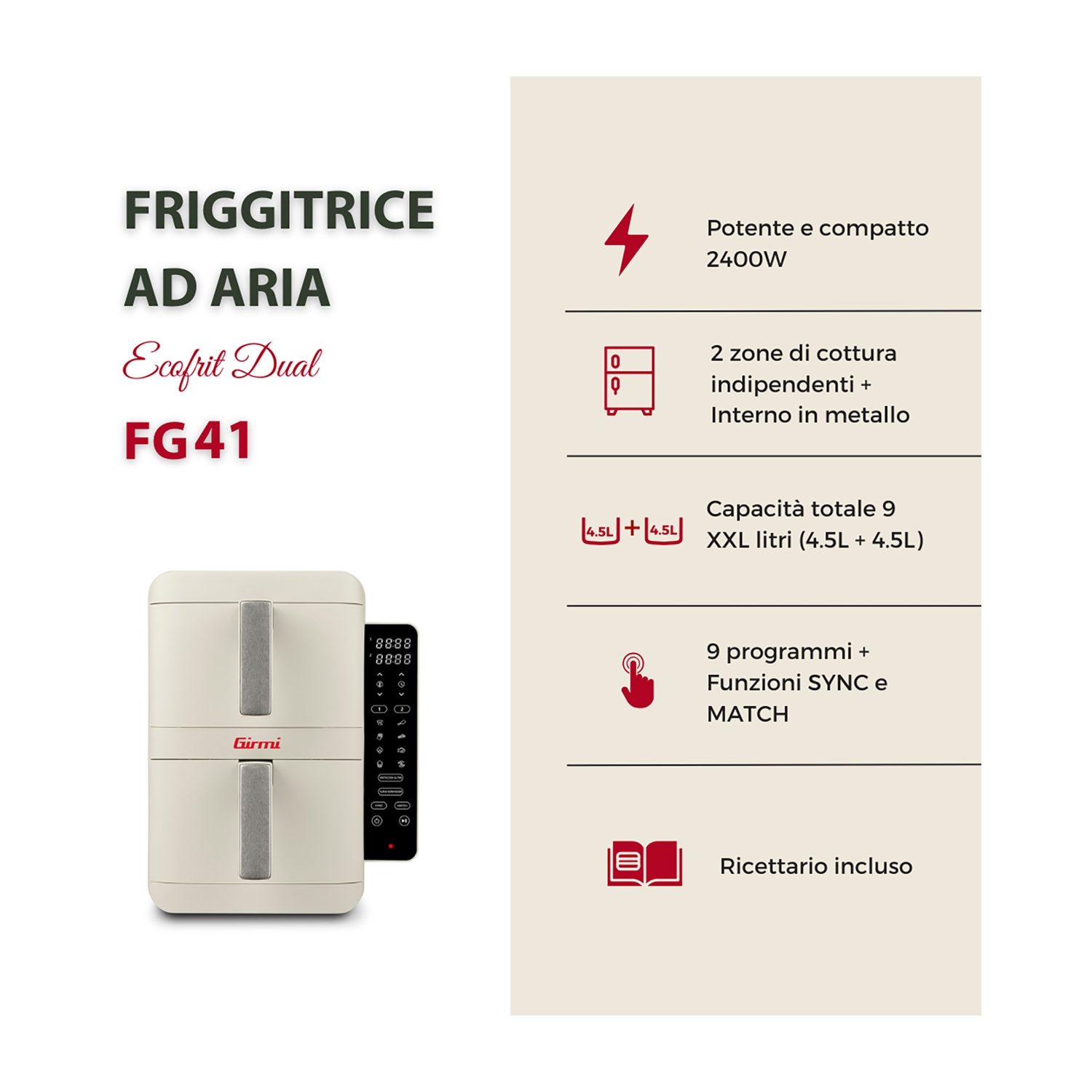 Una friggitrice ad aria bianca con due cestelli e un pannello di controllo digitale accanto.