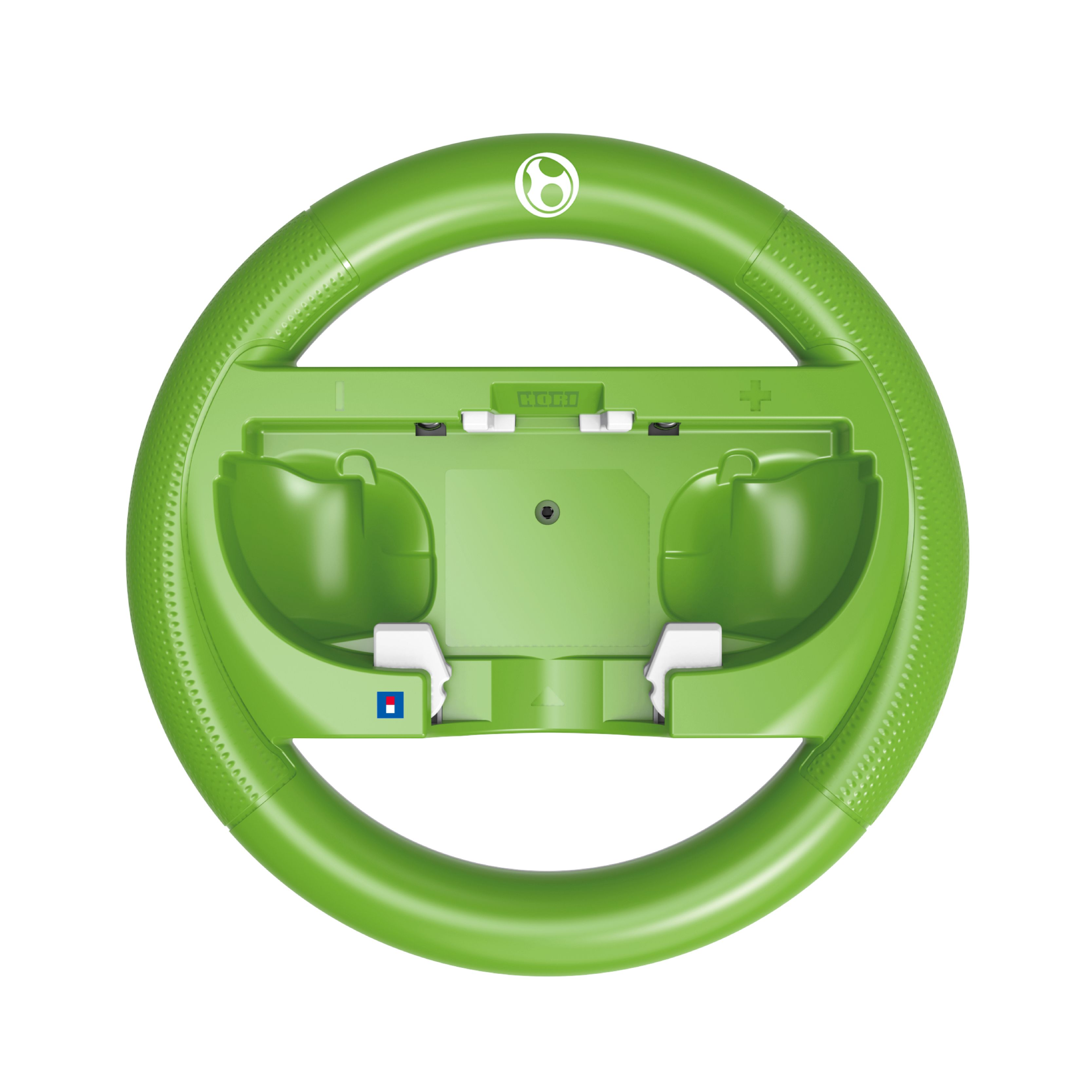 Grünes Lenkrad mit Hori-Logo und Griffen für Controller.
