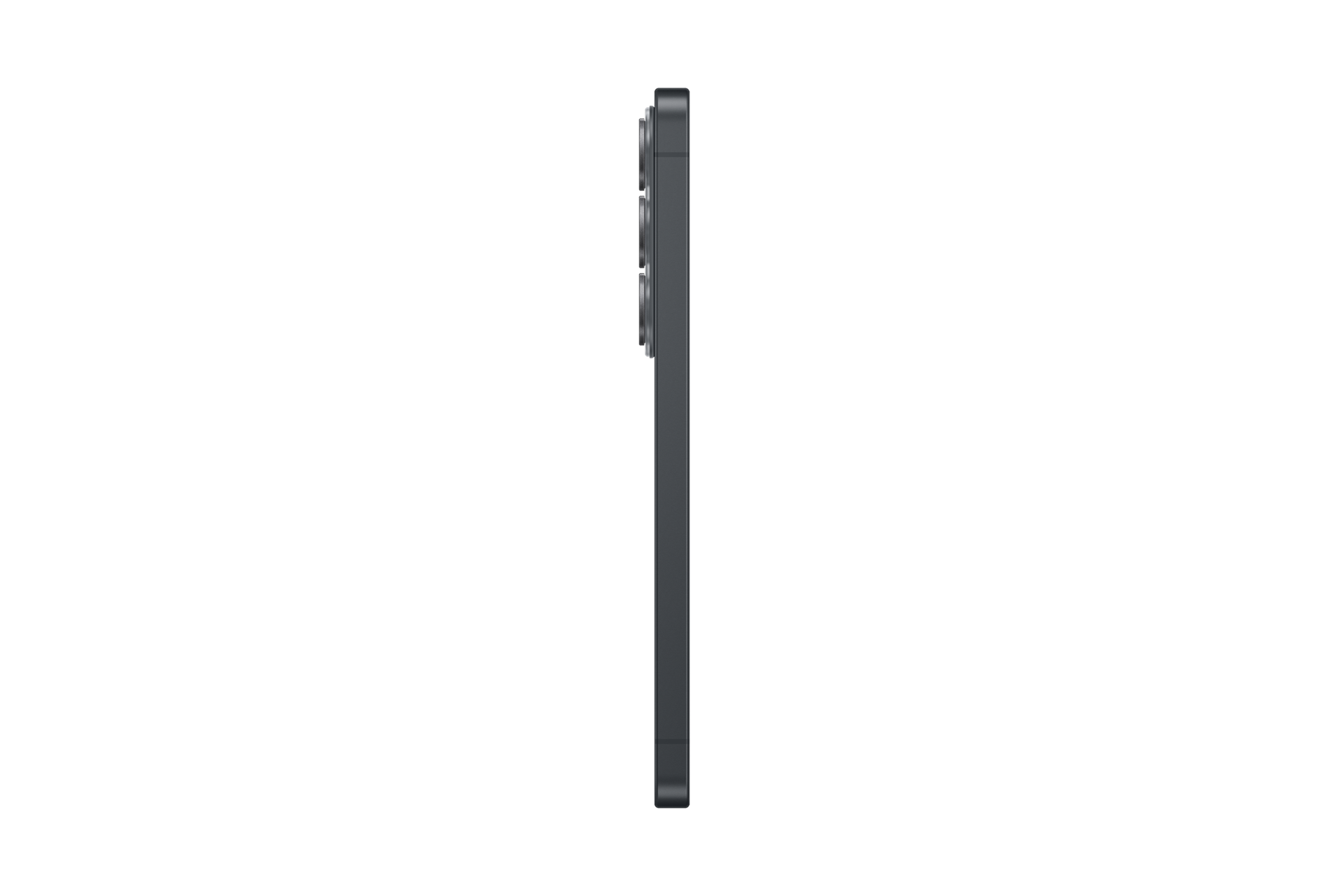 Ciemnoszary smartfon widziany z boku na czarnym tle, widoczne obiektywy aparatu.
