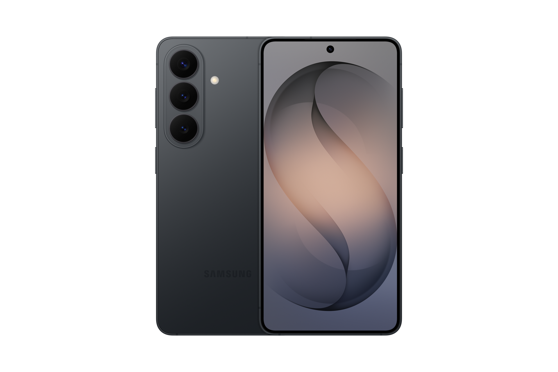 Ciemny smartfon Samsung z trzema tylnymi aparatami i świecącym ekranem.
