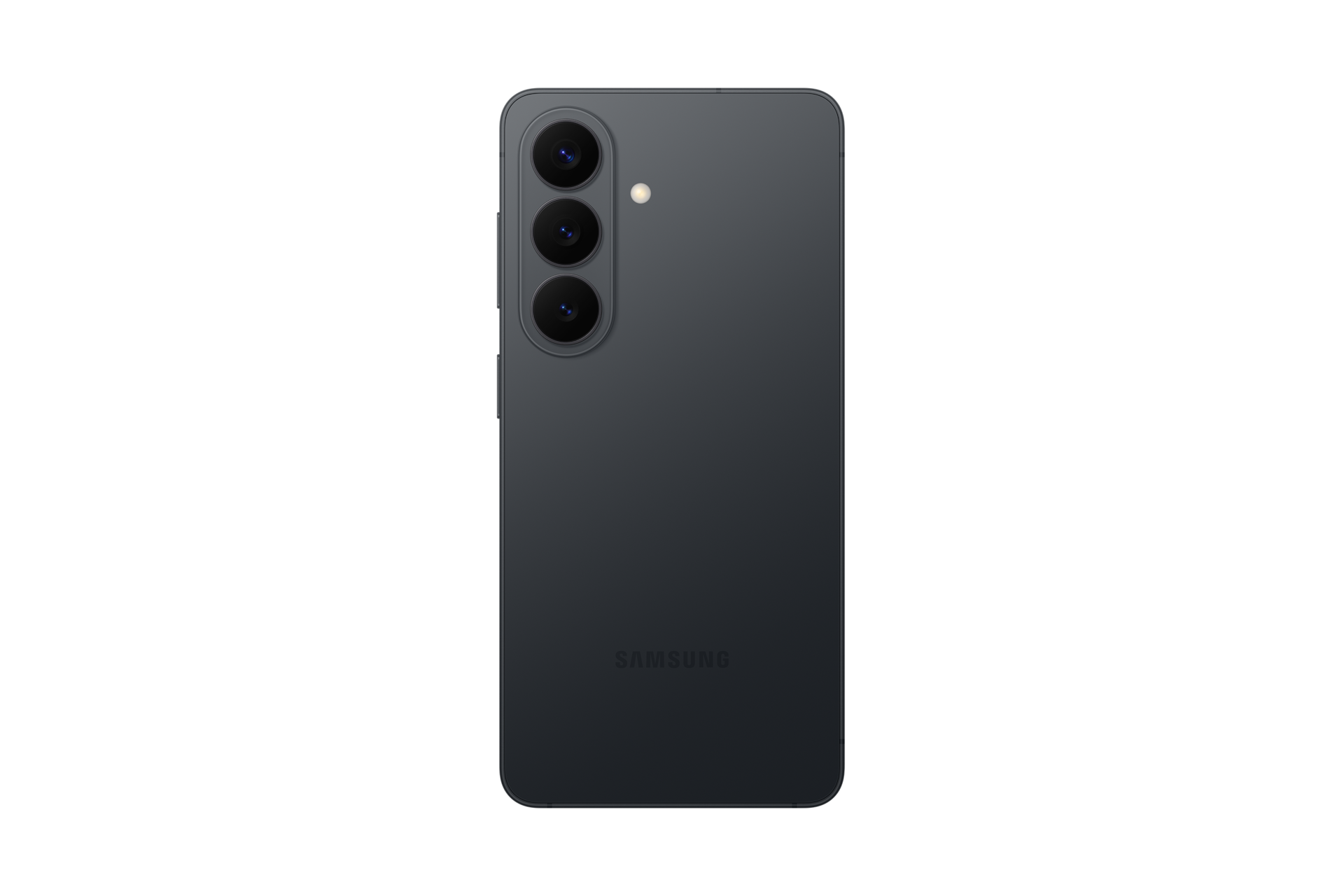 Ciemnoszary smartfon Samsung z trzema aparatami i lampą błyskową z tyłu.