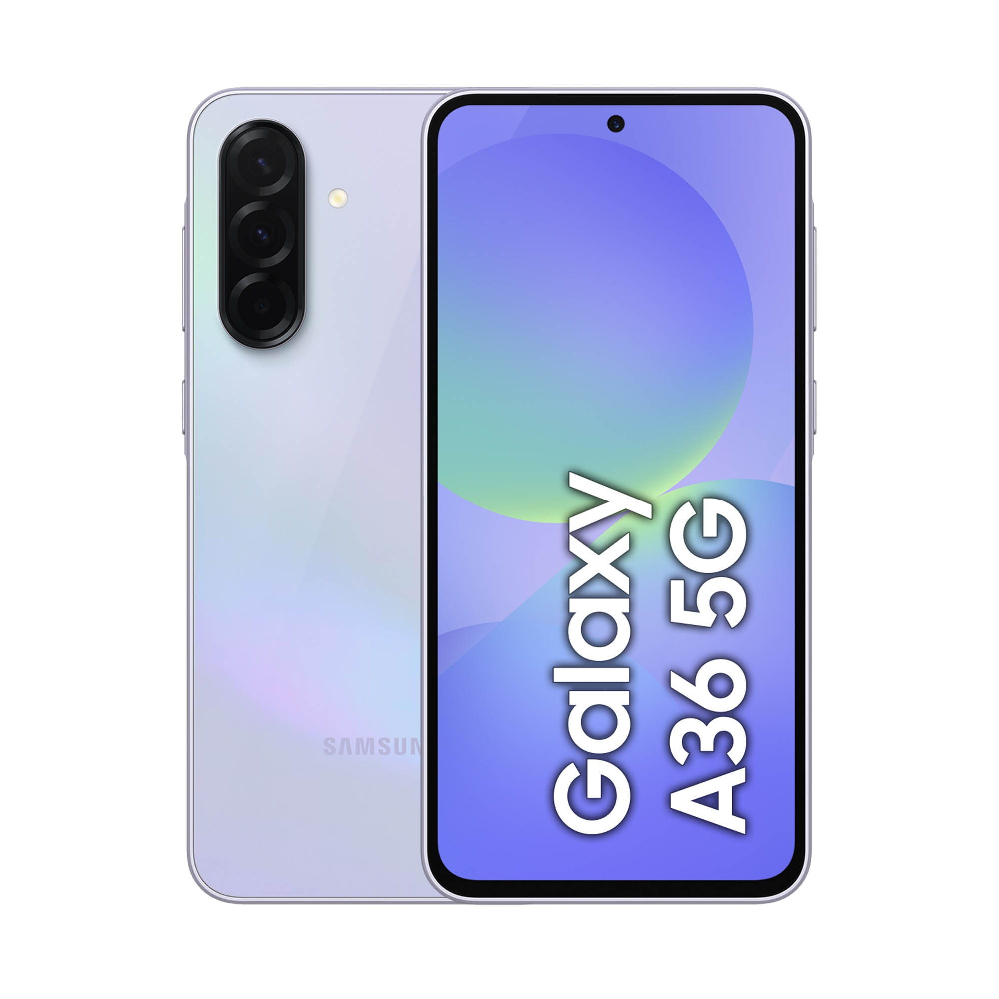 Jasnofioletowy smartfon Samsung Galaxy A36 5G z potrójnym aparatem.