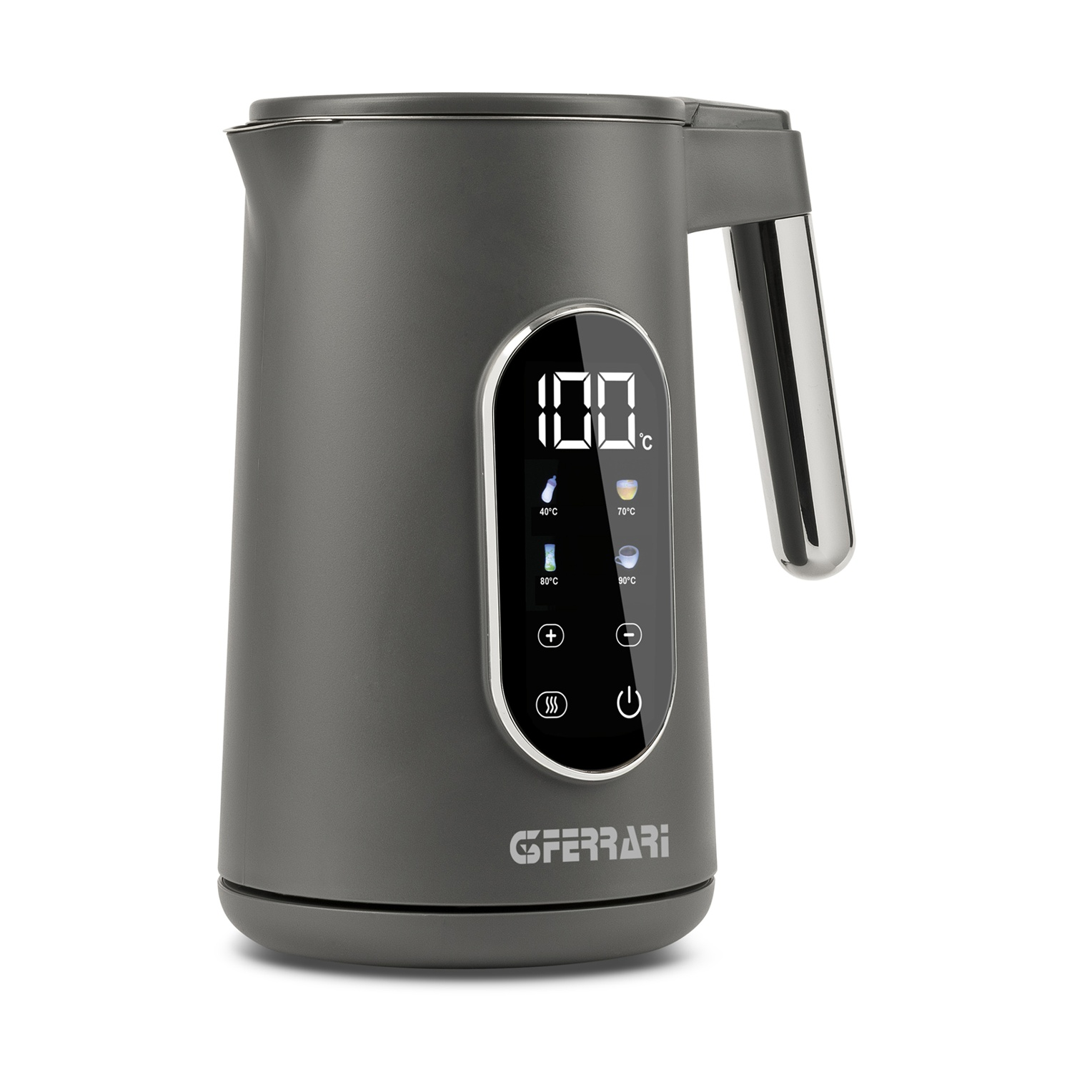 Bollitore elettrico grigio con display digitale e manico cromato su sfondo bianco.