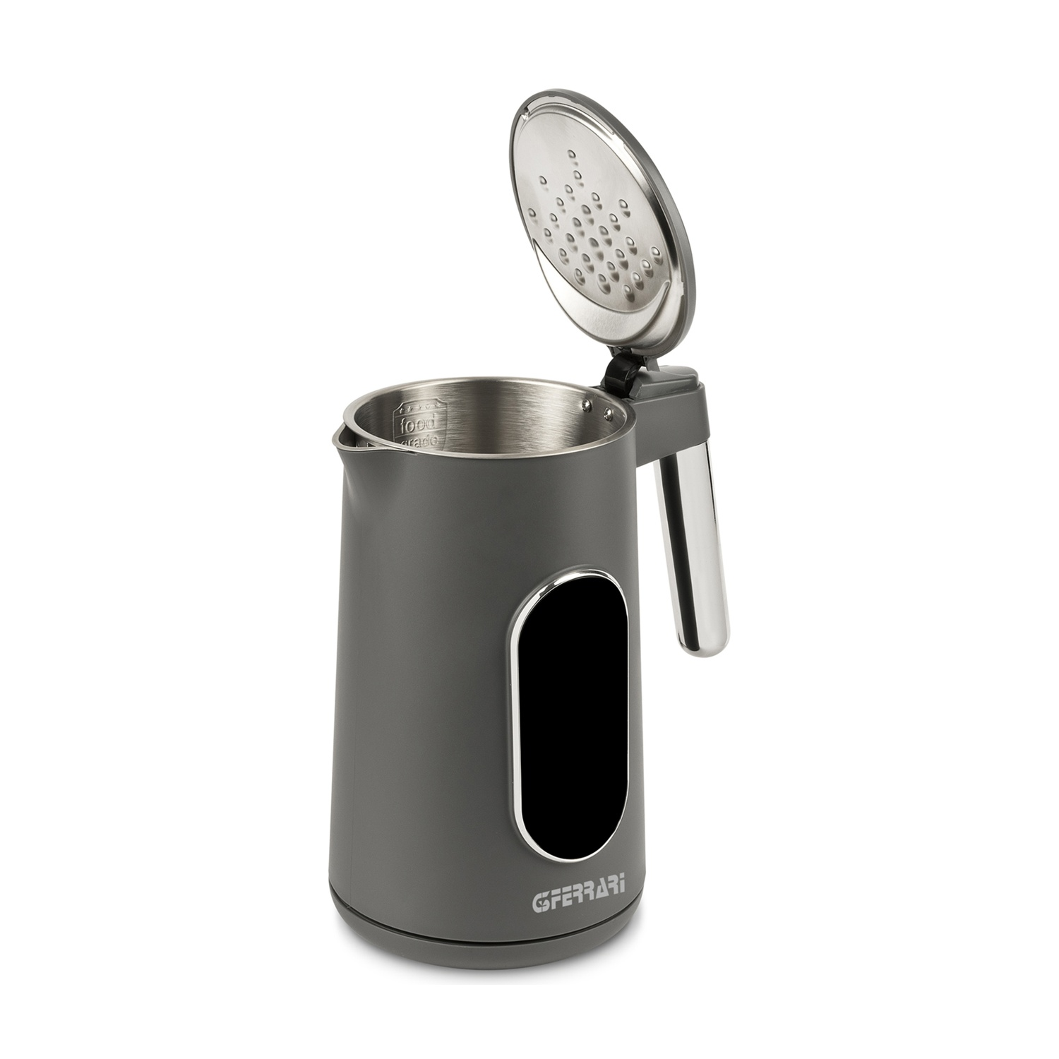 Bollitore grigio con coperchio aperto e interno in acciaio inox. Finestrino nero.
