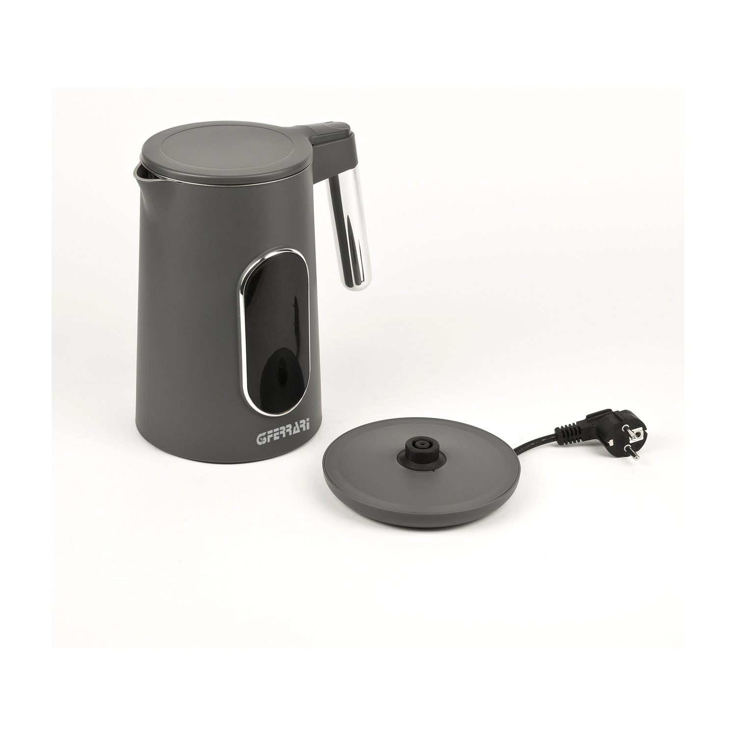 Bollitore grigio con manico argentato e indicatore livello acqua, base separata con spina.