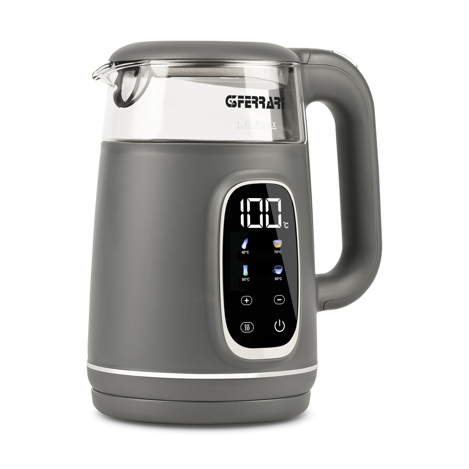Bollitore elettrico grigio con coperchio in vetro e display digitale.