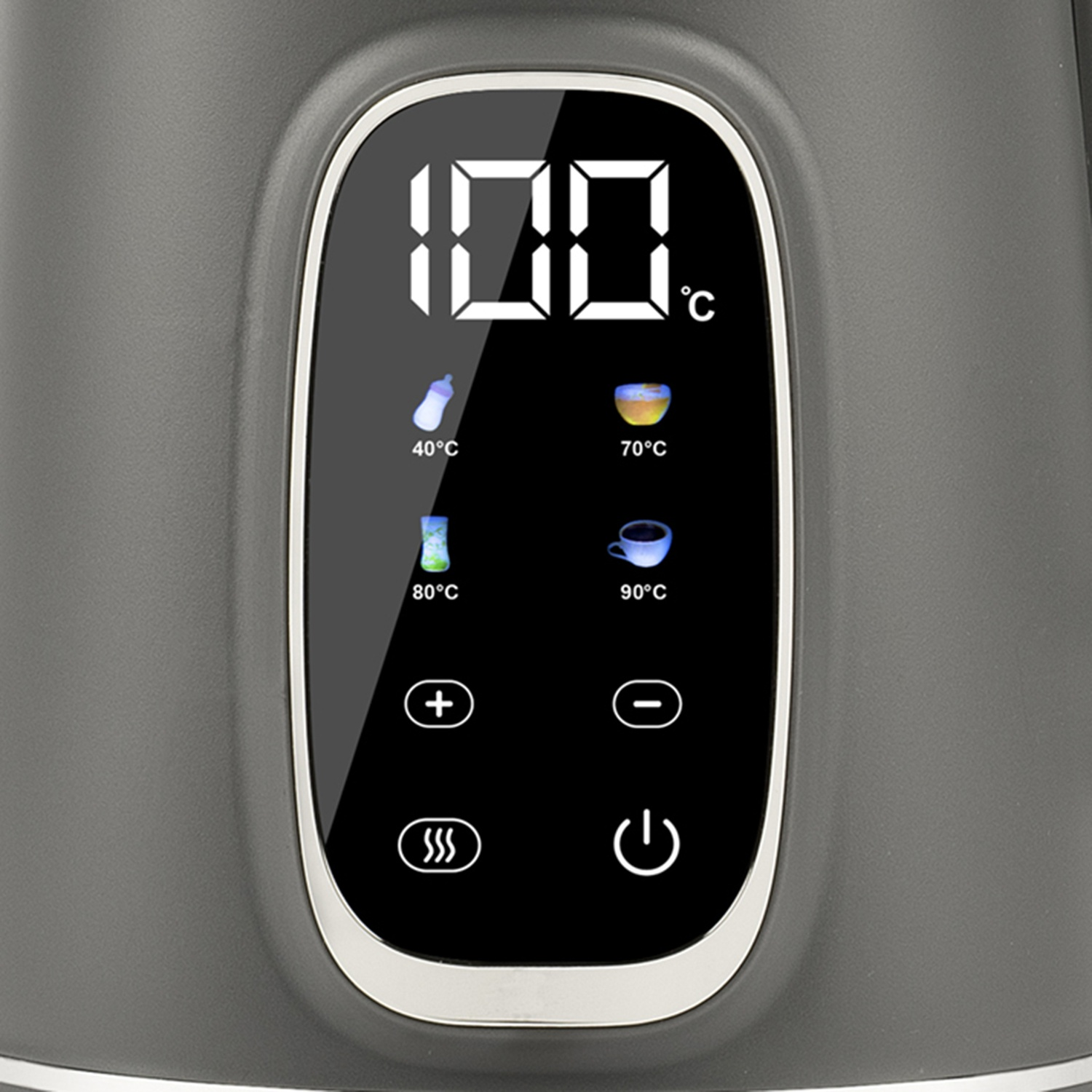 Display digitale di un bollitore che mostra 100°C e icone per 40, 70, 80, 90°C.