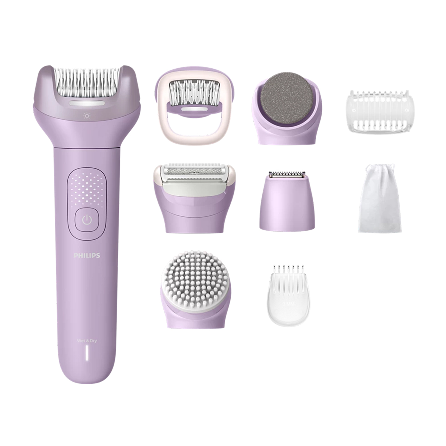 Un epilatore Philips viola con vari accessori, tra cui una testina a spazzola e una testina abrasiva.
