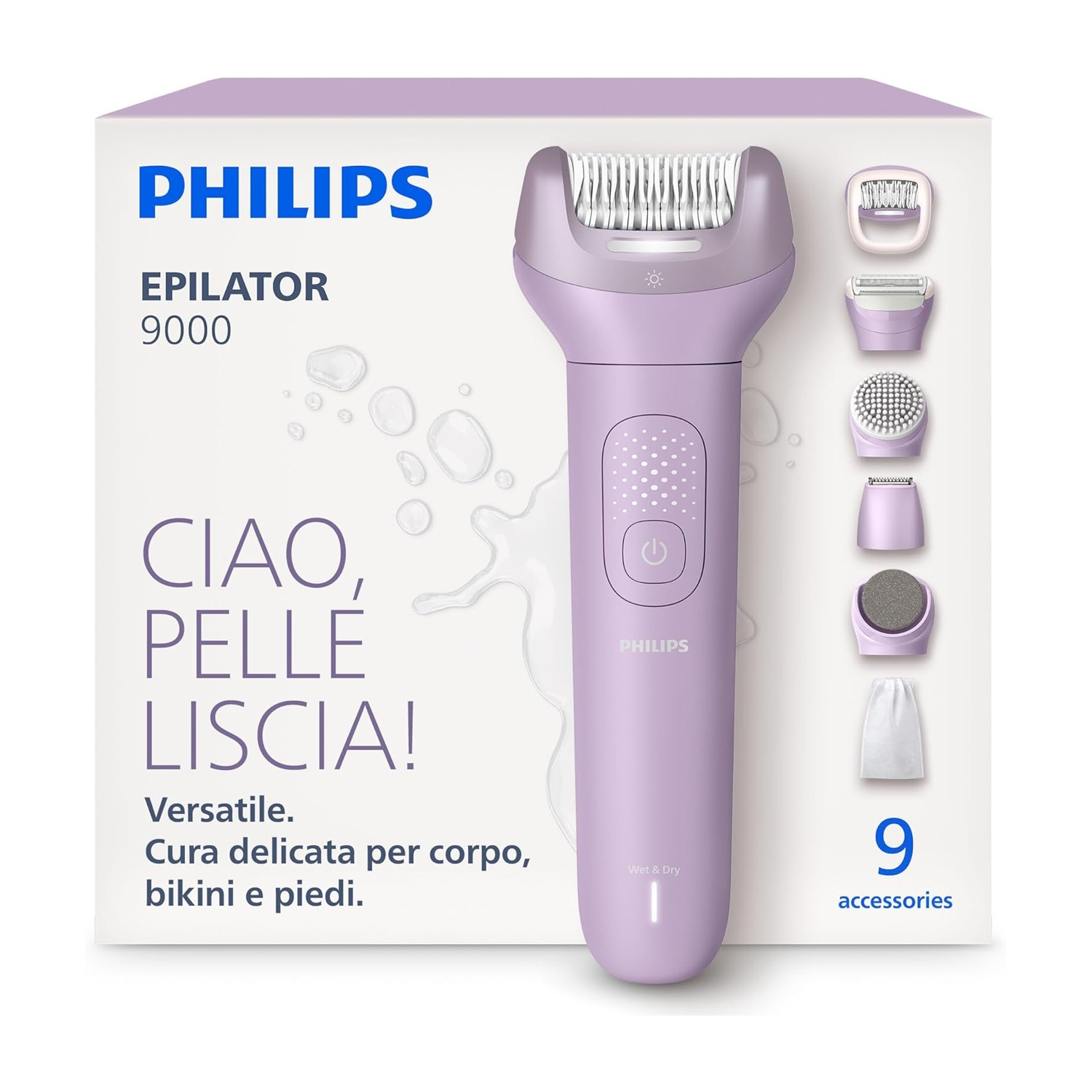 Epilatore Philips viola 9000 con 9 accessori sulla confezione.