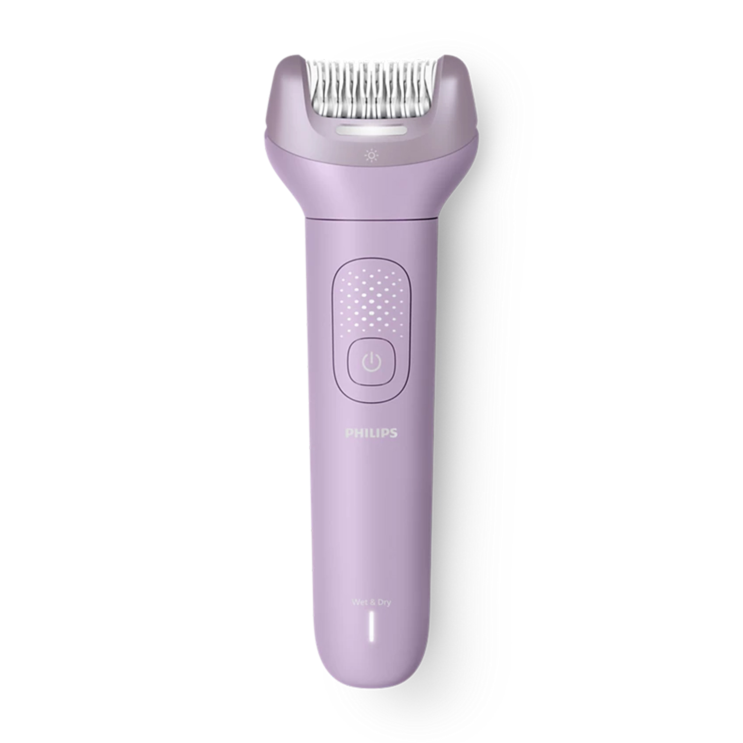 Un epilatore Philips viola con pulsante di accensione e indicatore Wet & Dry.