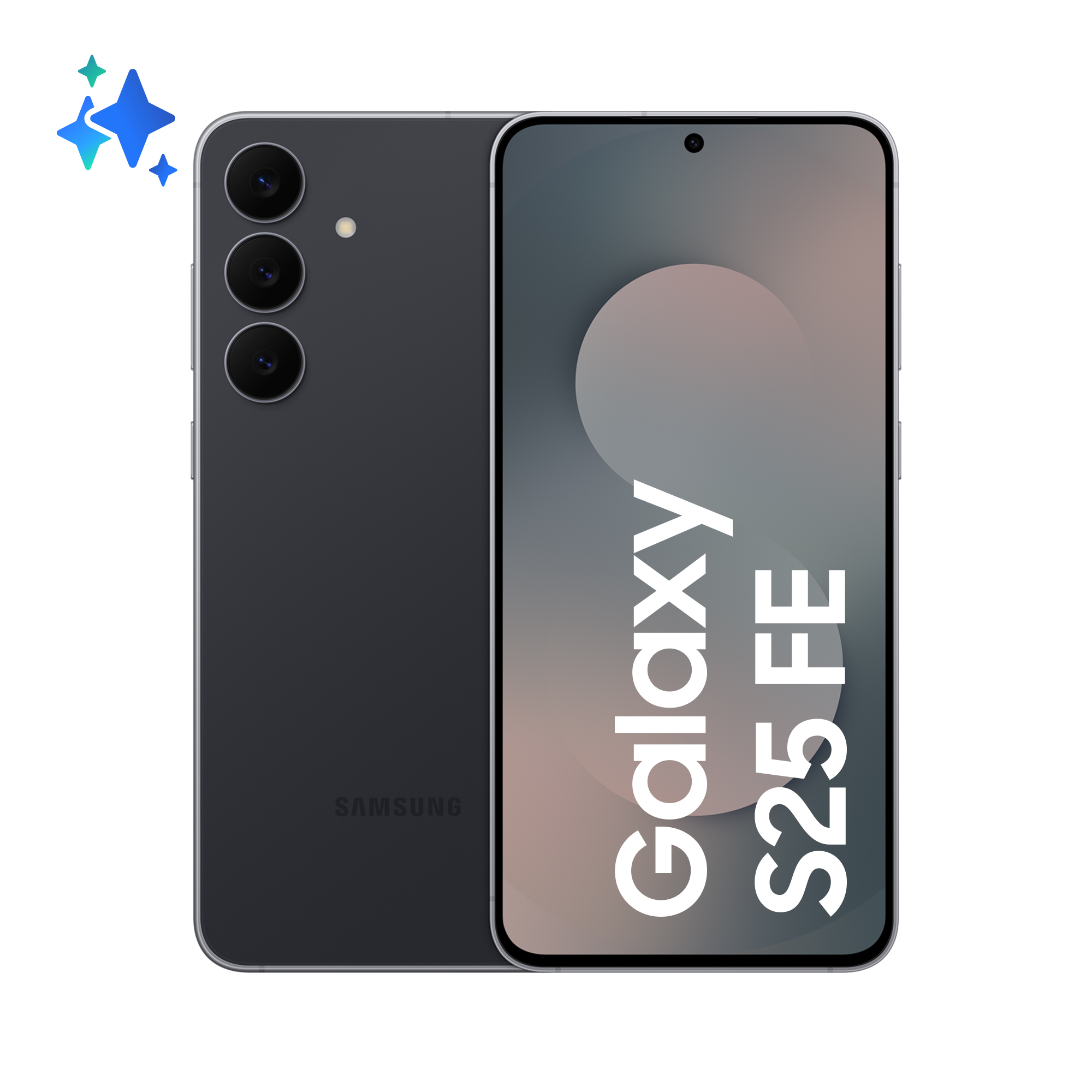 Ciemnoszary smartfon z trzema aparatami i logo "Galaxy S25 FE".