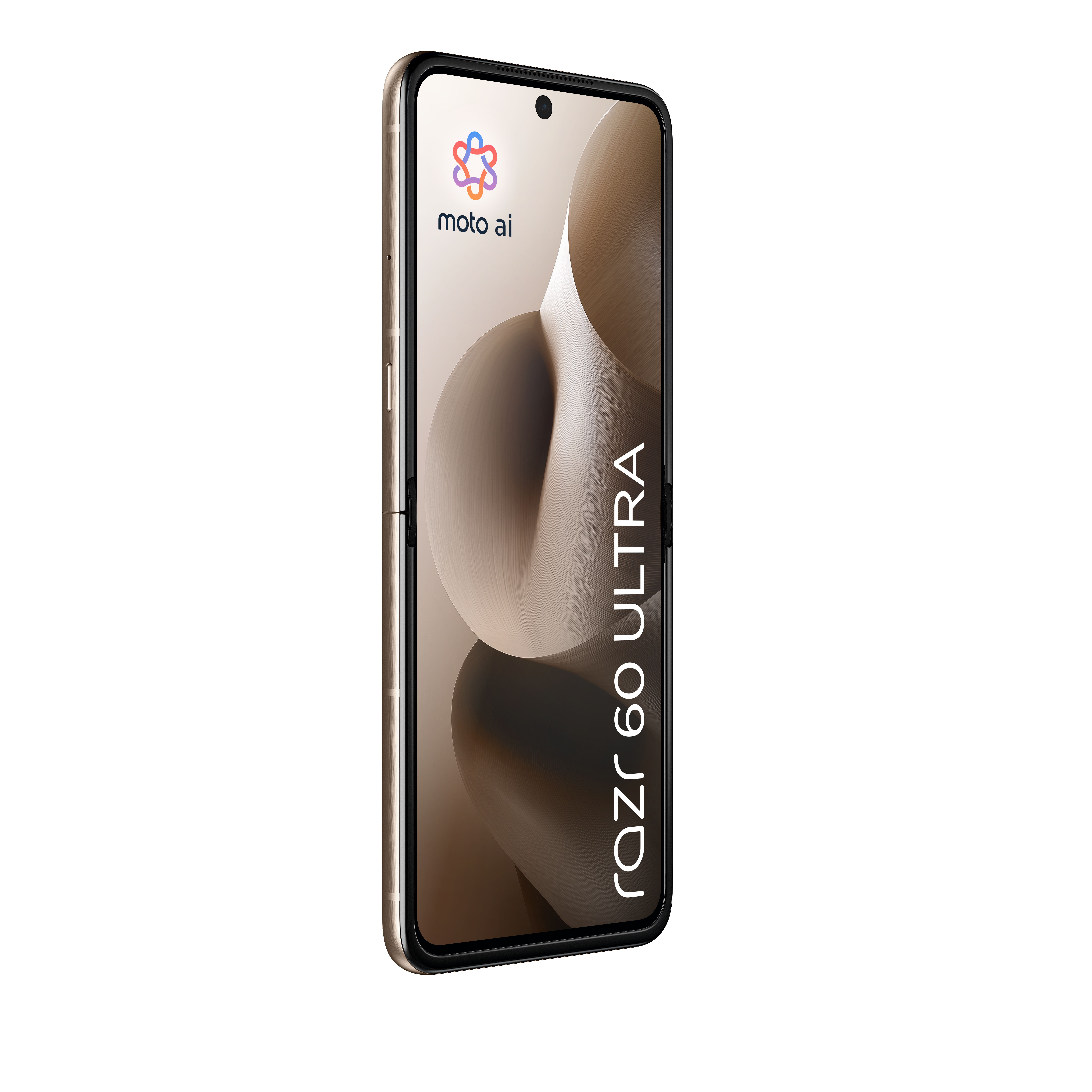 Złoty Motorola Razr 60 Ultra z logo Moto AI na ekranie.