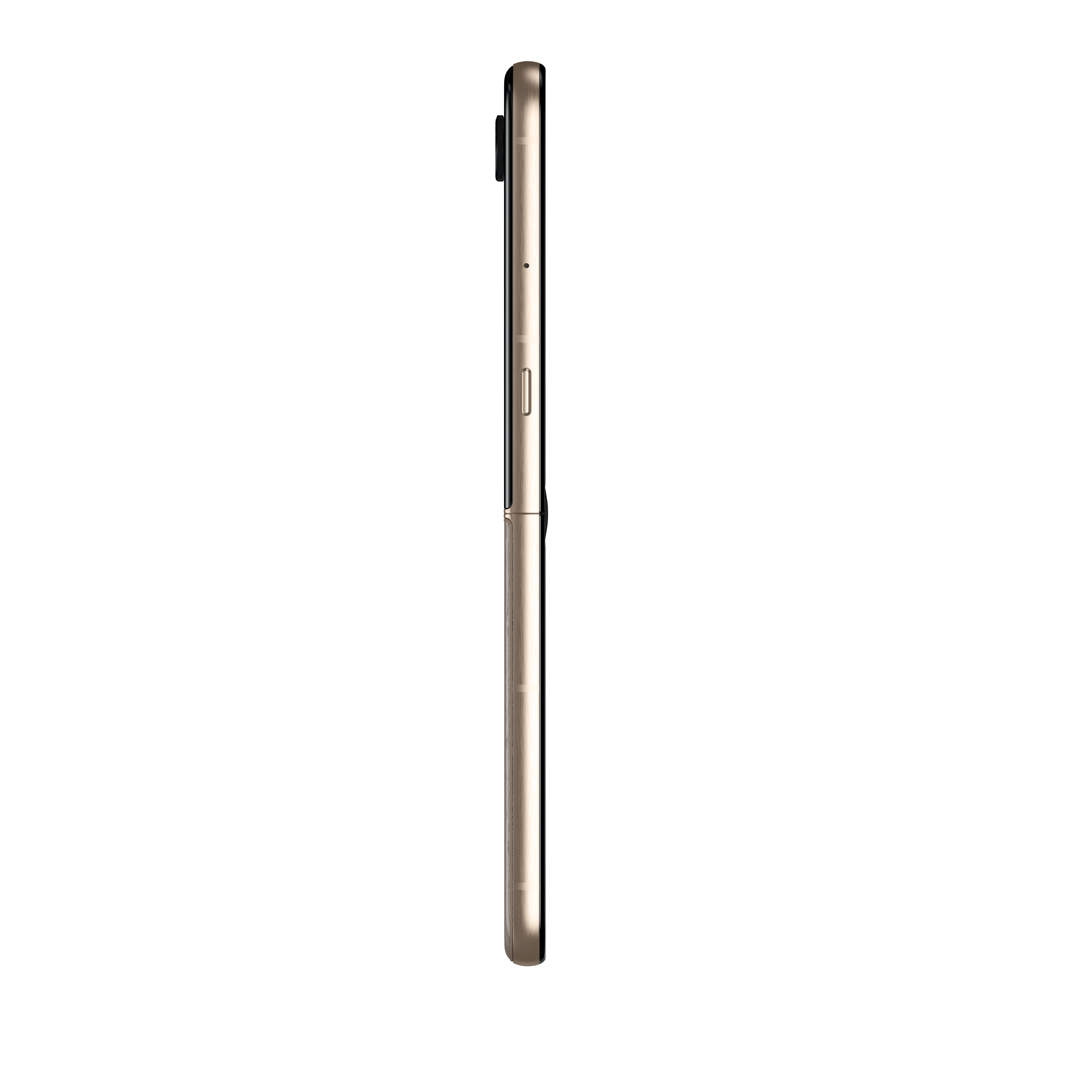 Złoty smartfon w profilu na czarnym tle.
