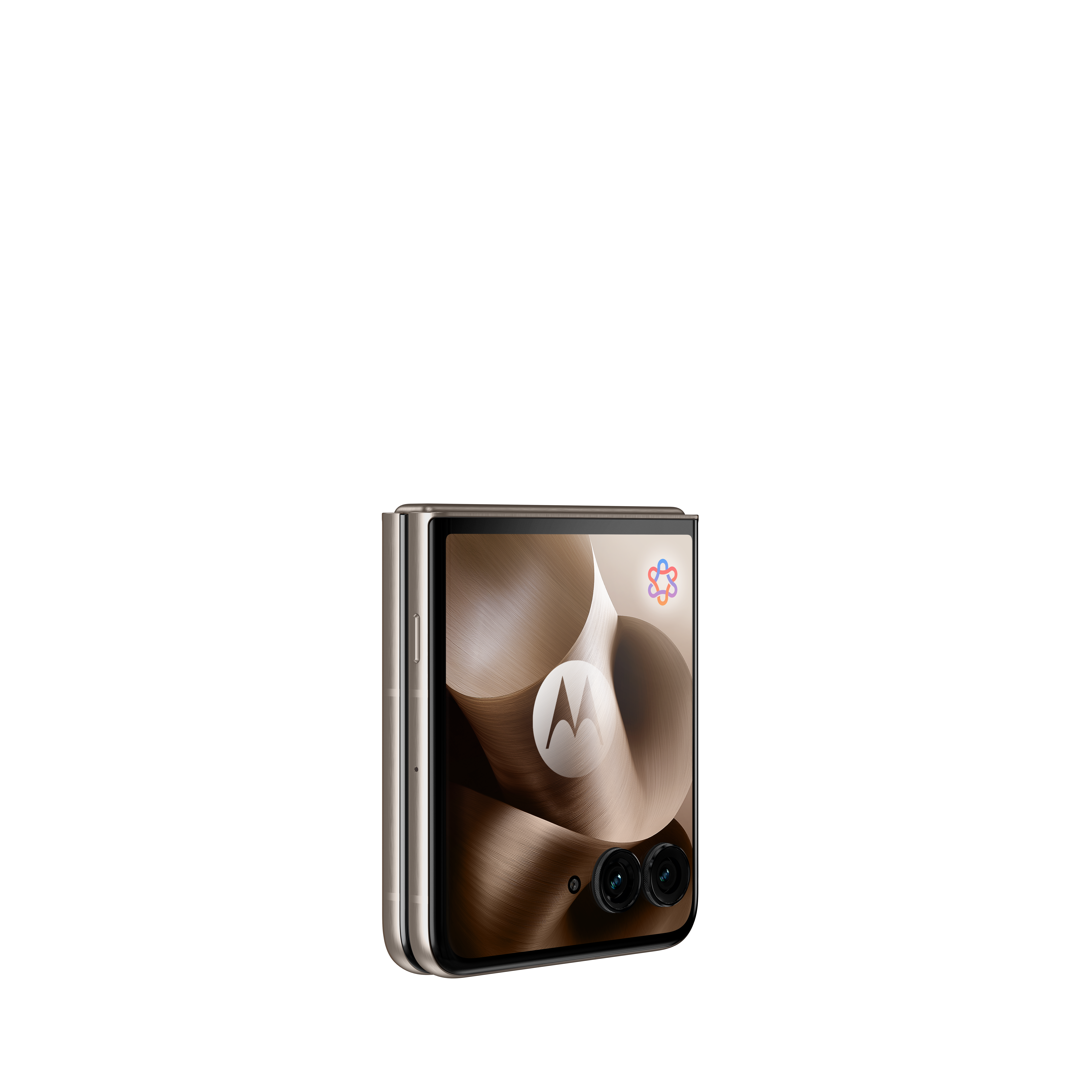 Złożony telefon Motorola z dwoma aparatami i logo Motorola.