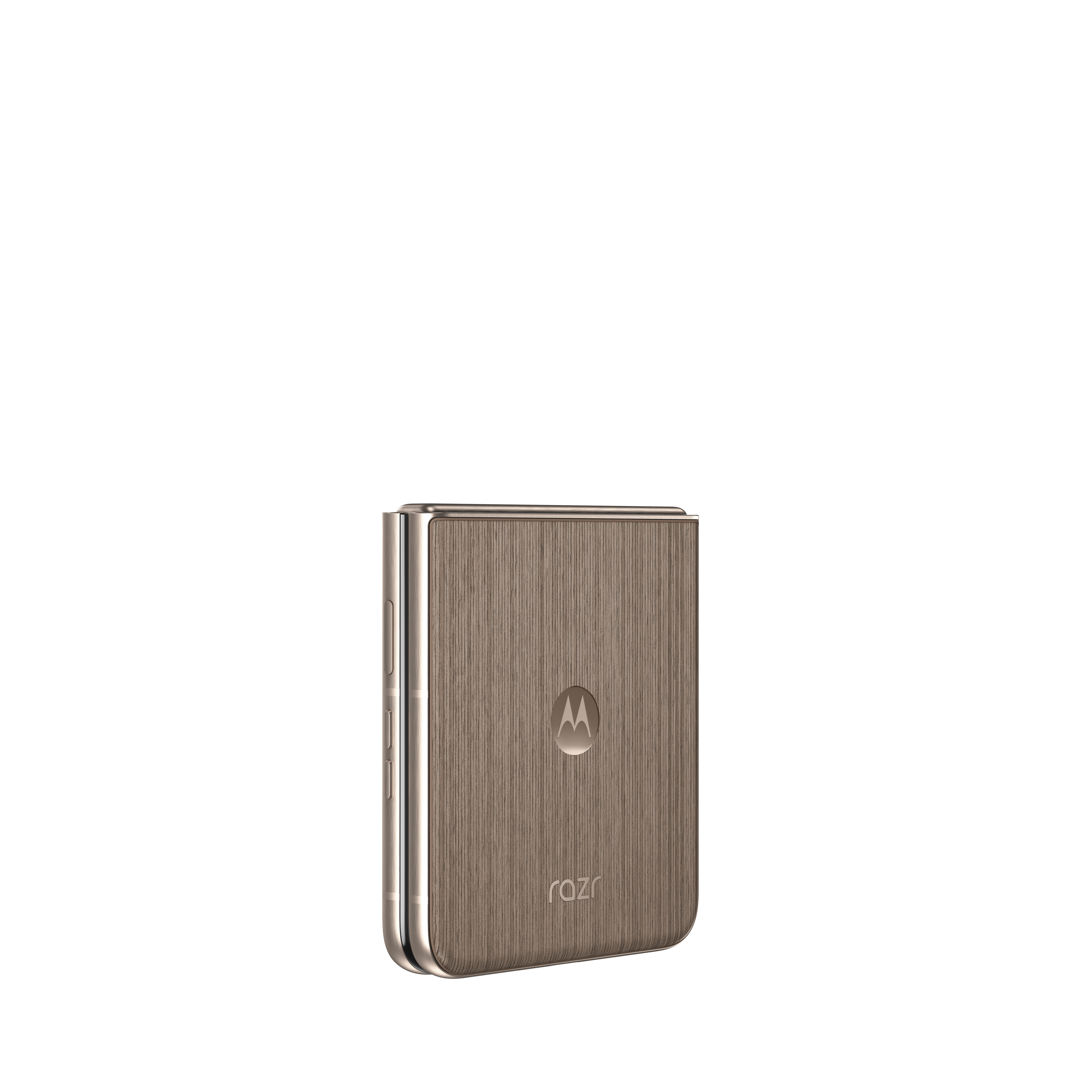 Zamknięty, brązowy telefon z klapką Motorola Razr z wykończeniem imitującym drewno.