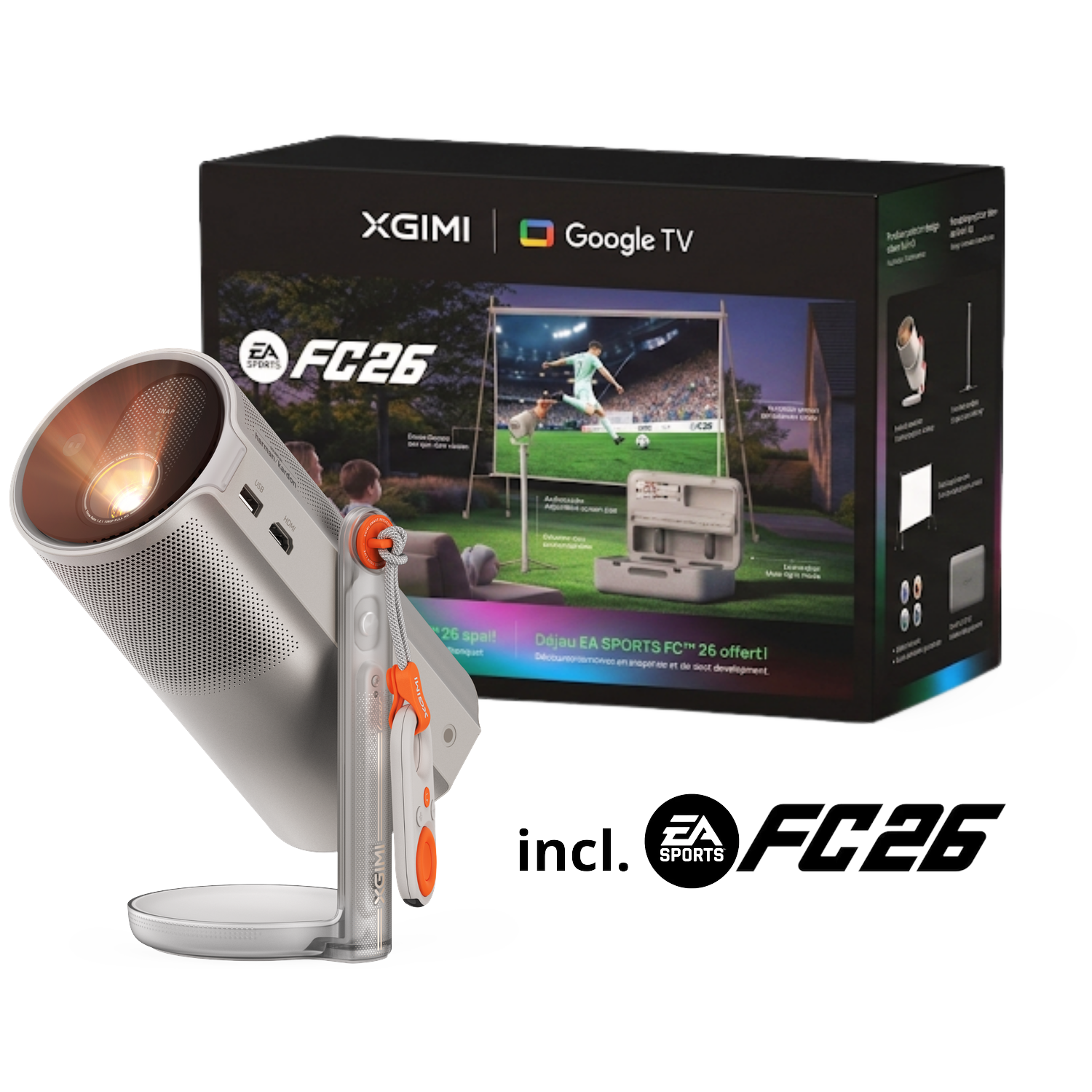Een witte XGIMI projector met afstandsbediening en EA FC26 verpakking.