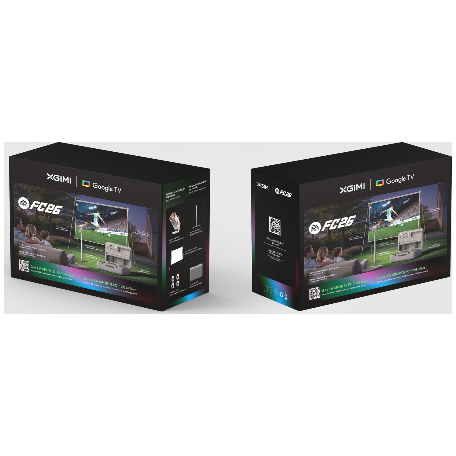 XGIMI FC26 projector doos met voetballers en info.