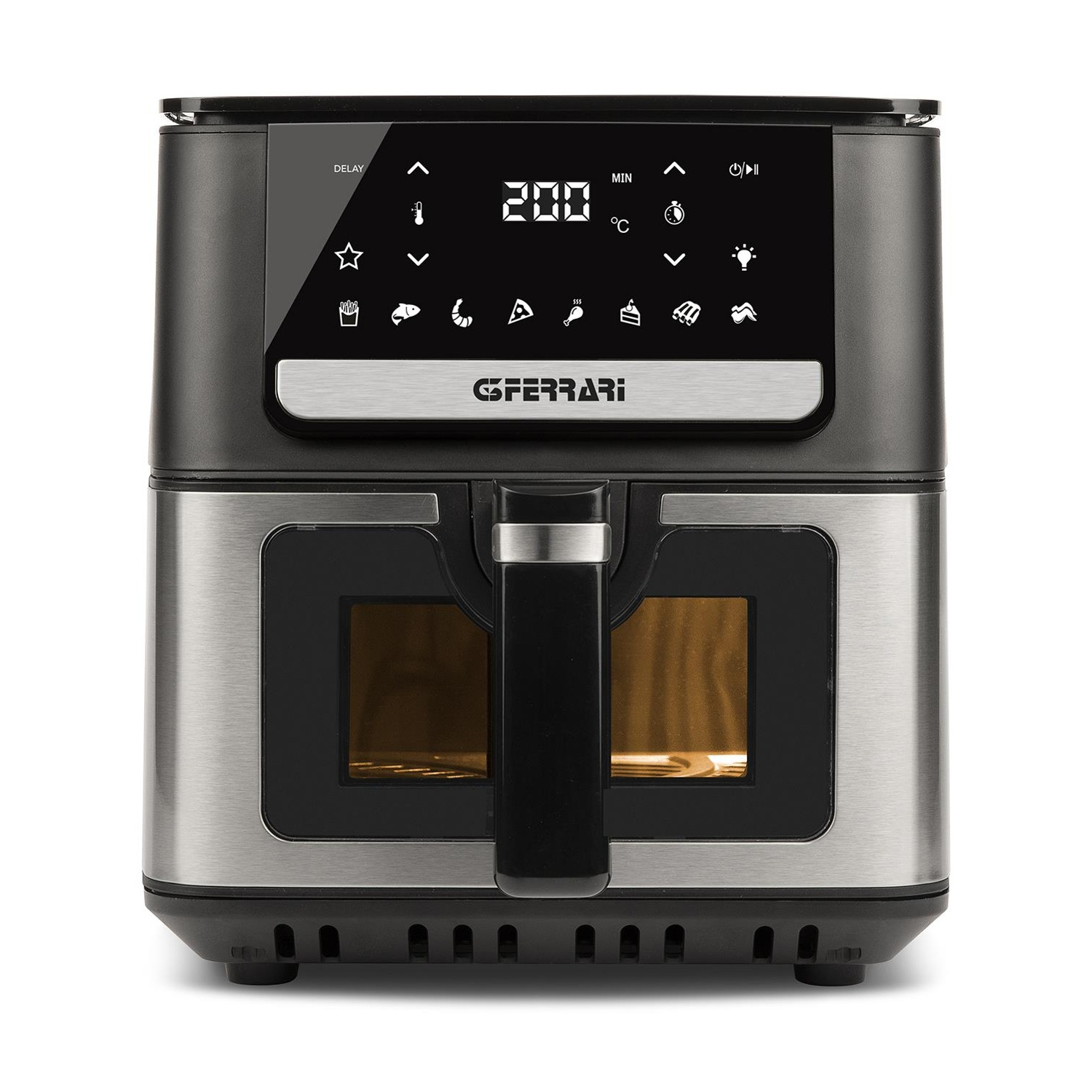 Forno friggitrice ad aria moderno nero e argento con display digitale e finestre.
