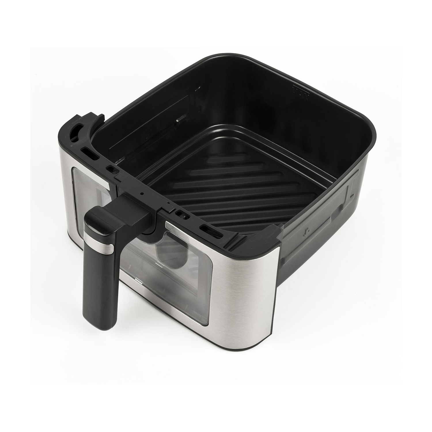 Un cestello per friggitrice ad aria nero vuoto con accenti metallici e manico.