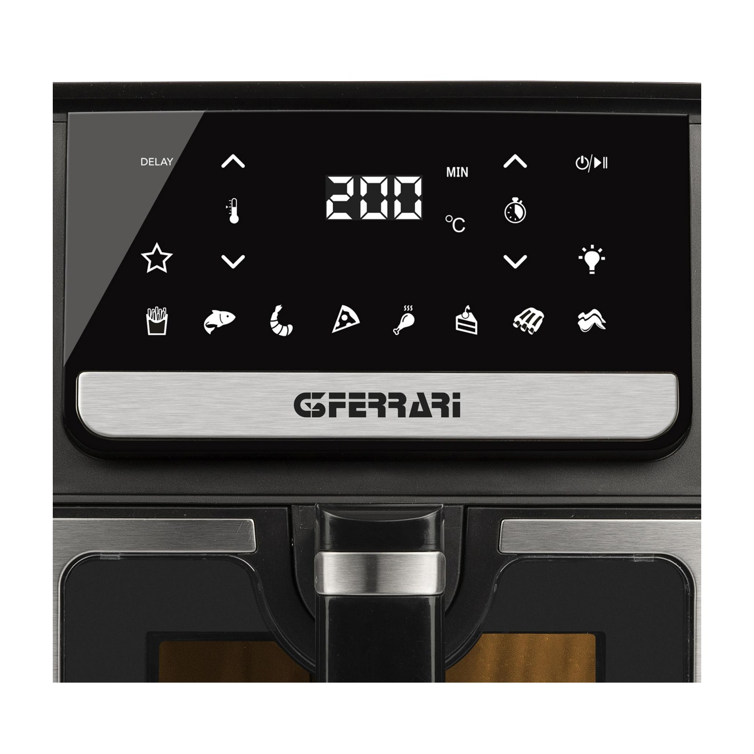 Display digitale friggitrice ad aria che mostra 200°C, timer e icone di cottura.