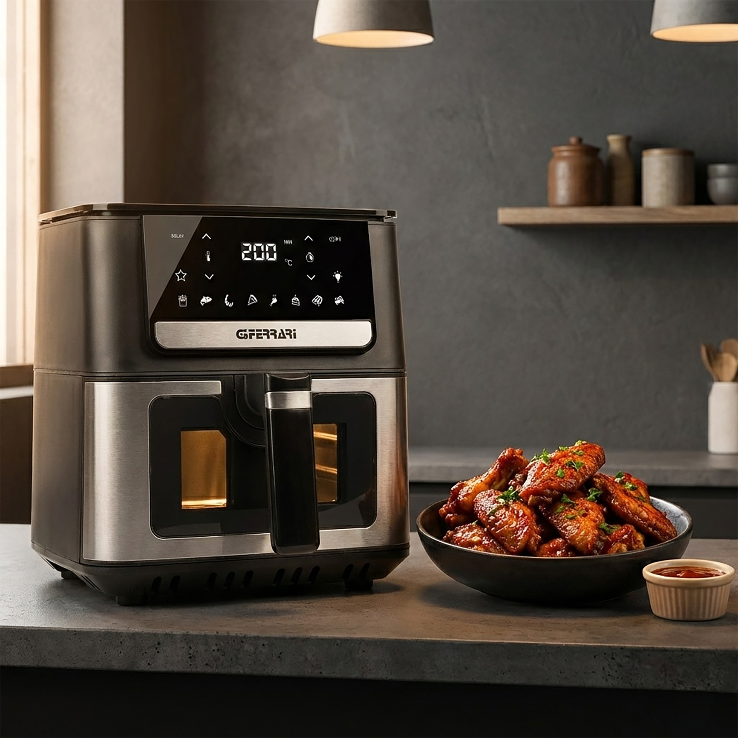 Una friggitrice ad aria nera con display digitale, accanto a una ciotola di alette di pollo.