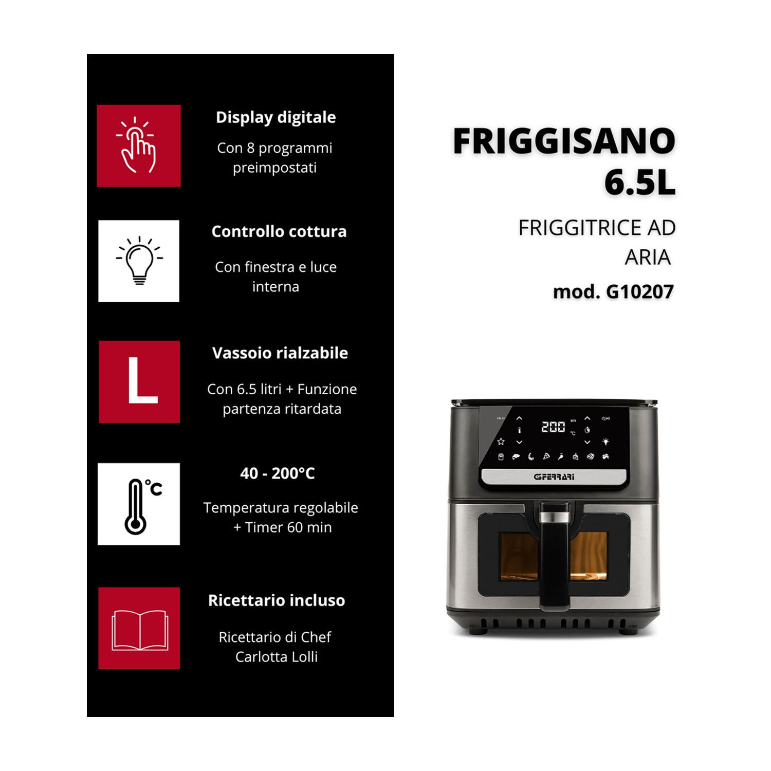 Friggitrice ad aria Friggisano 6.5L con display digitale, controlli e ricettario.