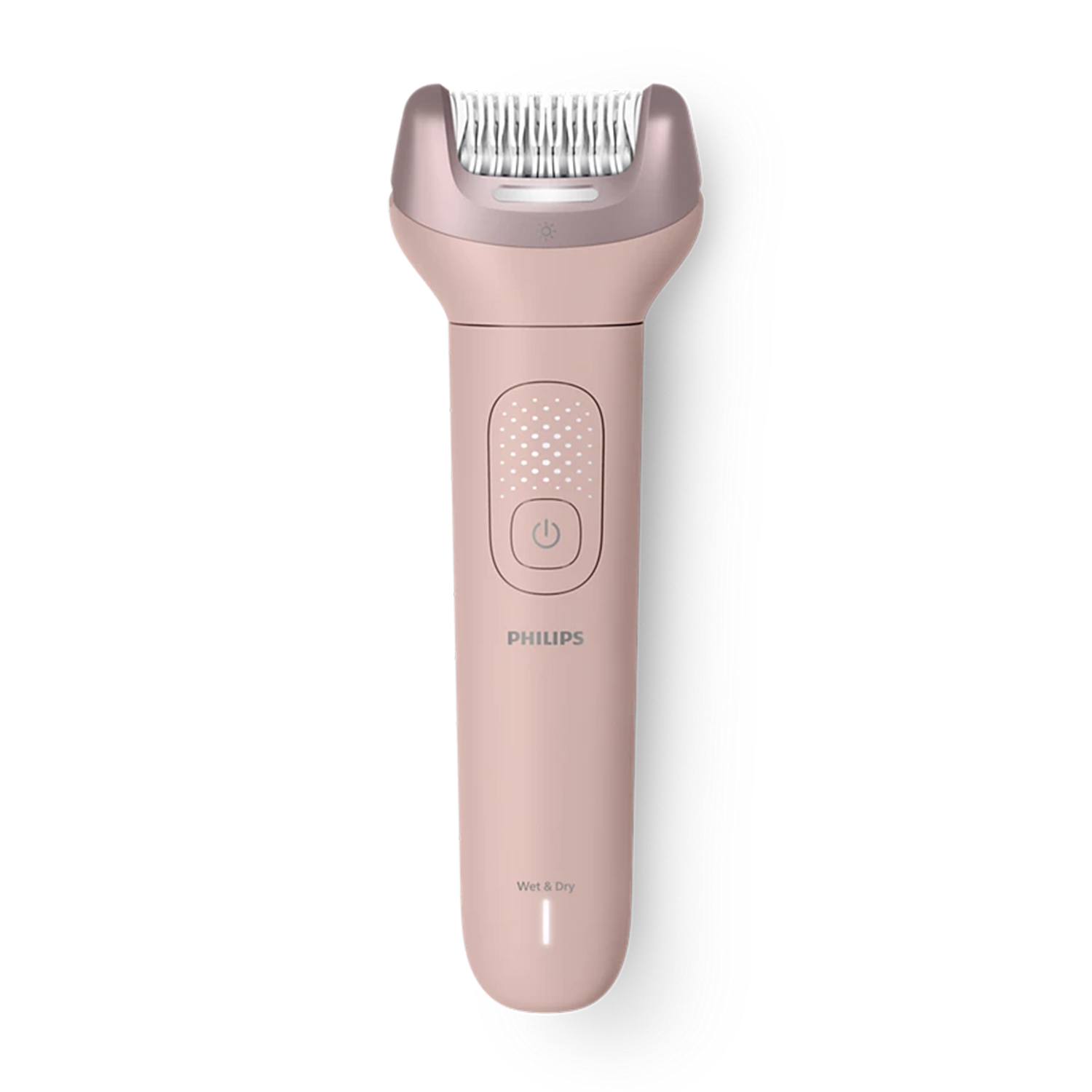 Un epilatore Philips rosa con testina argentata e pulsante di accensione.