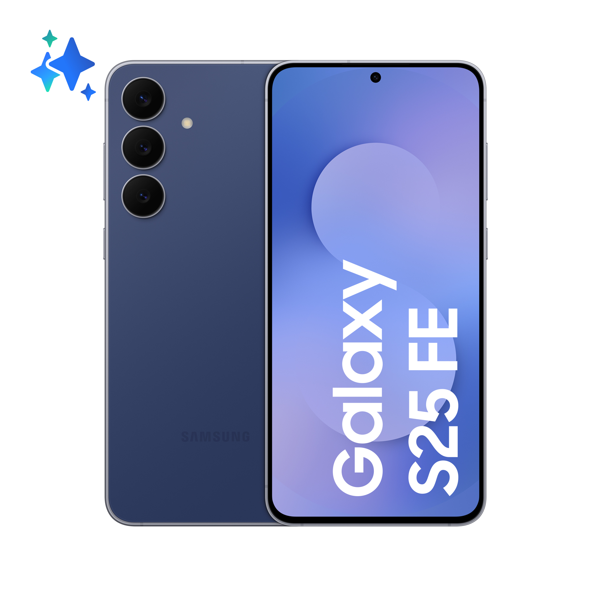 Niebieski smartfon Samsung Galaxy S25 FE z trzema aparatami z tyłu.