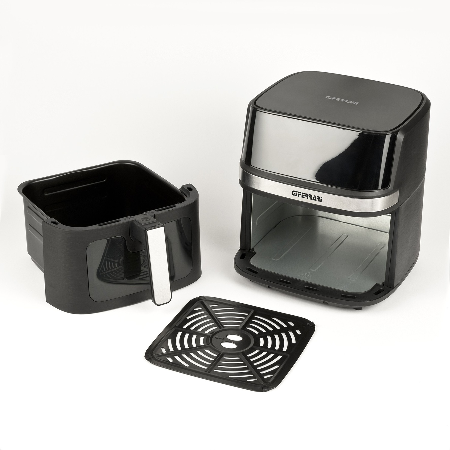 Friggitrice ad aria nera con cestello estraibile e piastra grill.