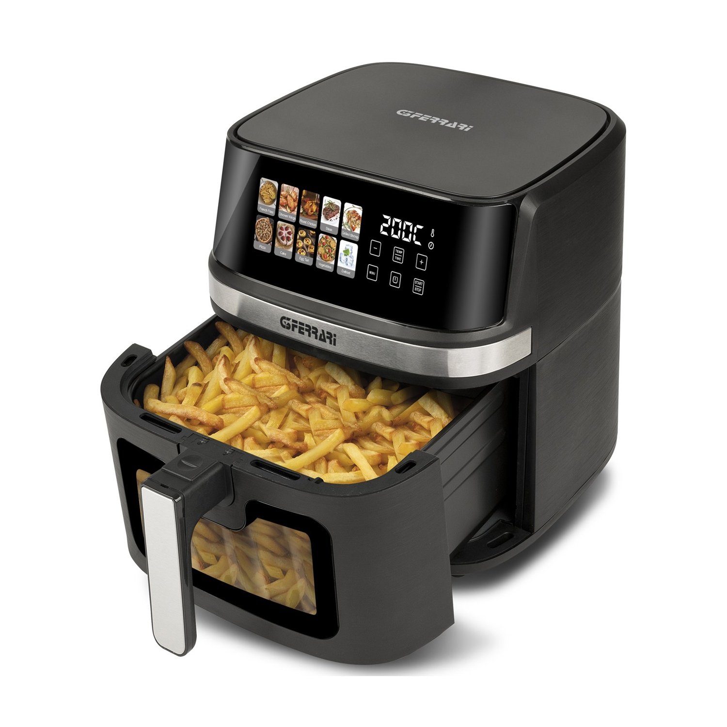Una friggitrice ad aria nera piena di patatine fritte e un display digitale che mostra 200C.