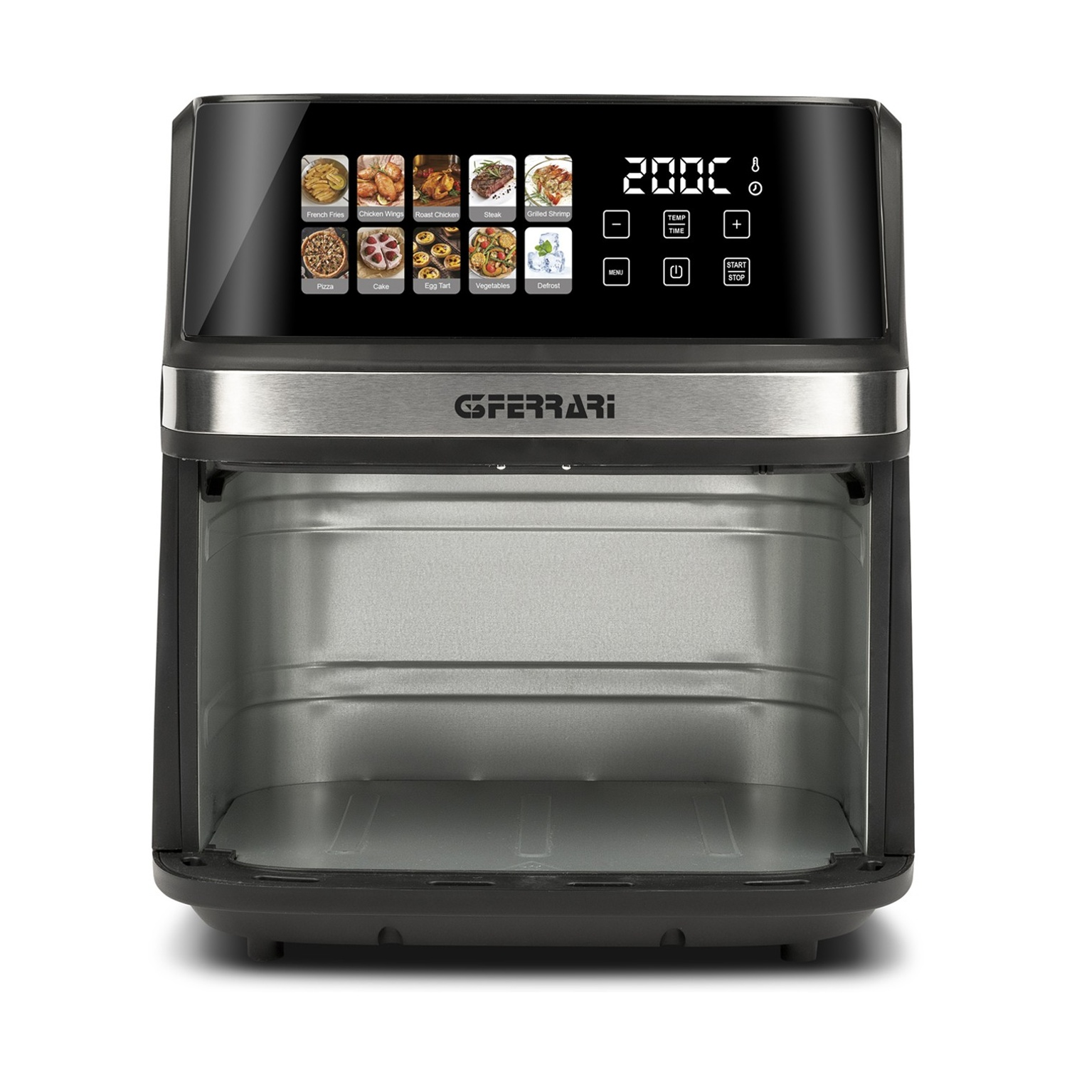 Forno friggitrice ad aria nero con touchscreen che mostra icone di cottura.