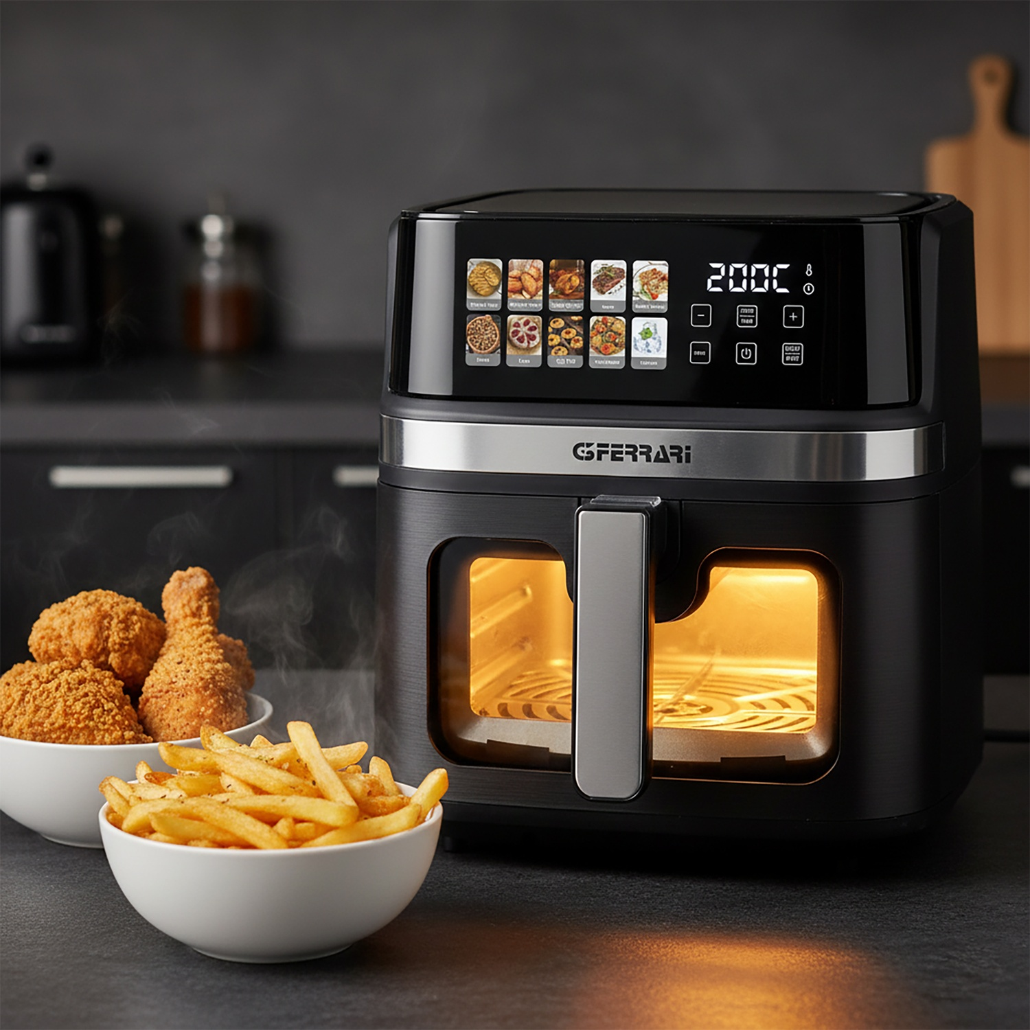 Friggitrice ad aria nera con display digitale, mostra 200C. Davanti, due ciotole di cibo: patatine e pollo fritto.