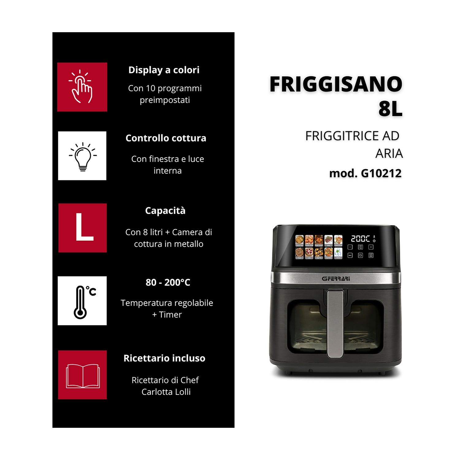 Friggitrice G-Ferrari, 8L, display digitale con programmi cottura.
