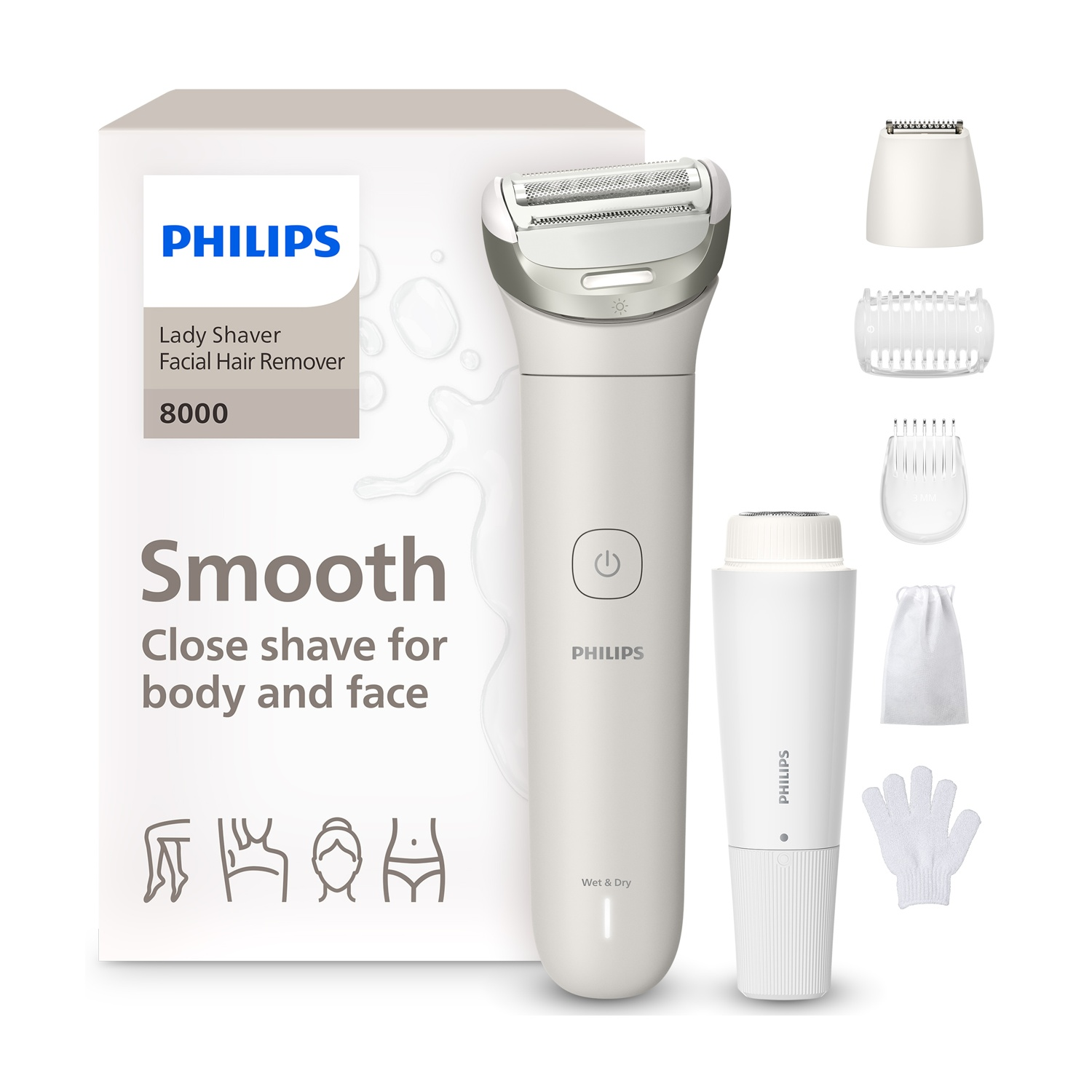 Philips Lady Shaver 8000 con accessori: rasoio, accessori, pochette, guanto.