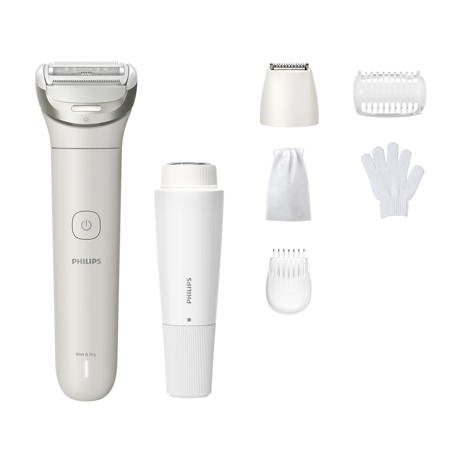 Un epilatore Philips bianco con accessori: accessori, sacchetto e guanto.