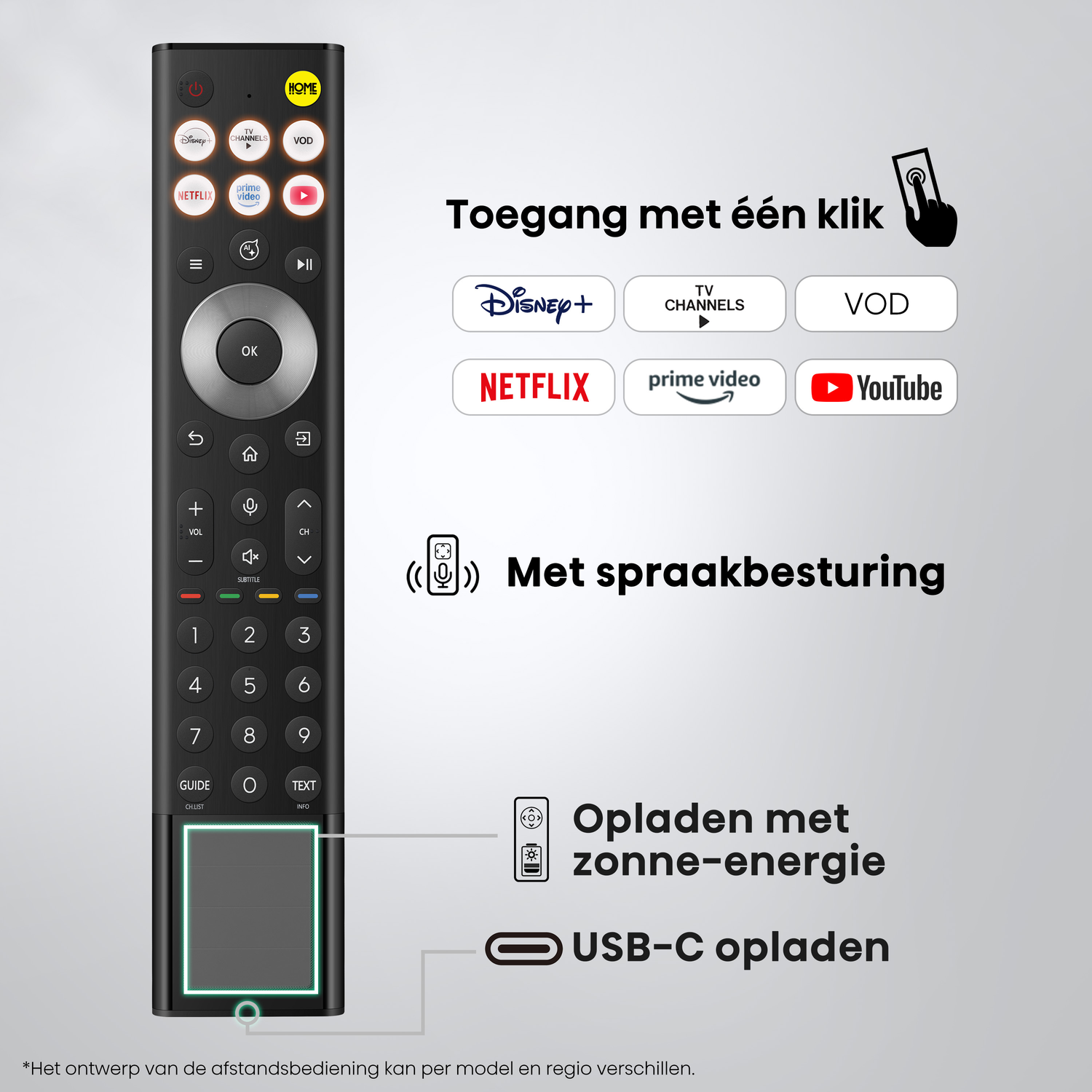 Een afstandsbediening met app-knoppen, touchpad en oplaadopties. Met tekst.