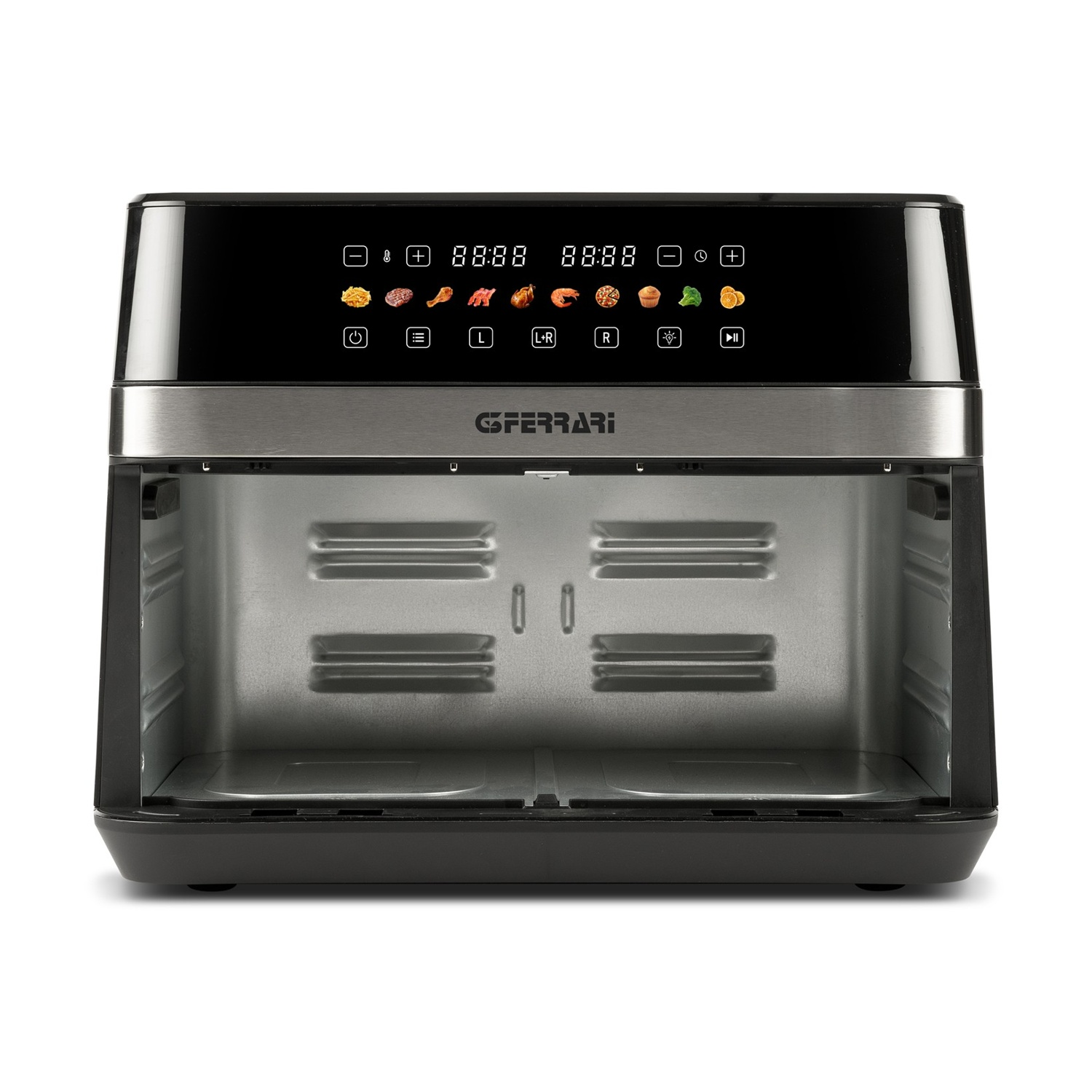 Un forno friggitrice ad aria nero e argento con display touchscreen e icone di cottura.
