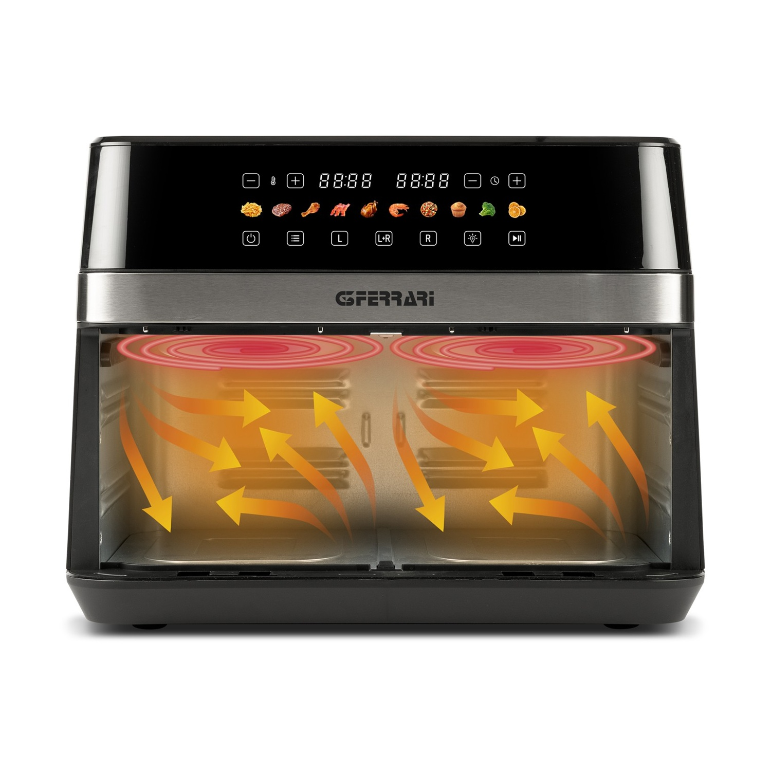 Friggitrice ad aria nera a doppio cestello con display digitale e grafica circolazione.