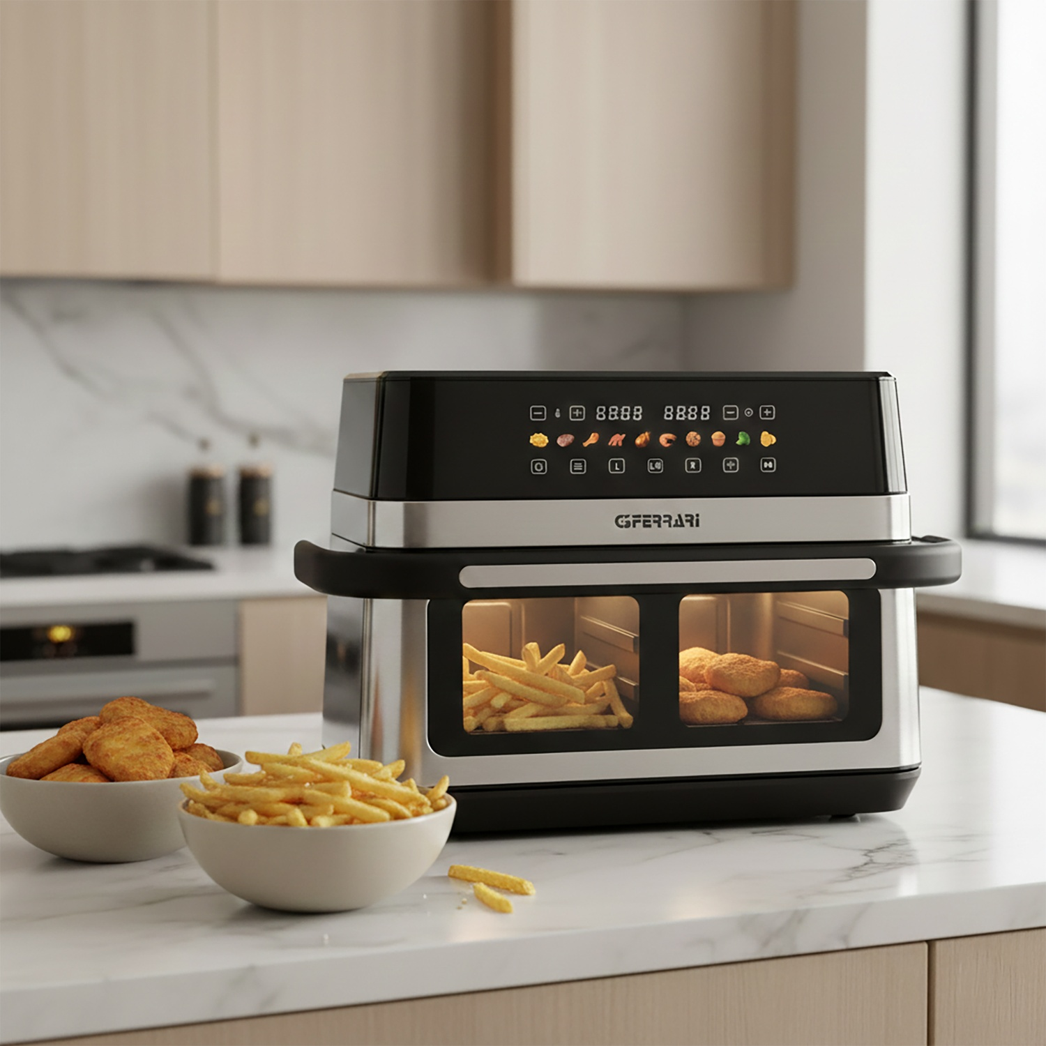 Una friggitrice ad aria moderna con patatine fritte e crocchette di pollo in ciotole.