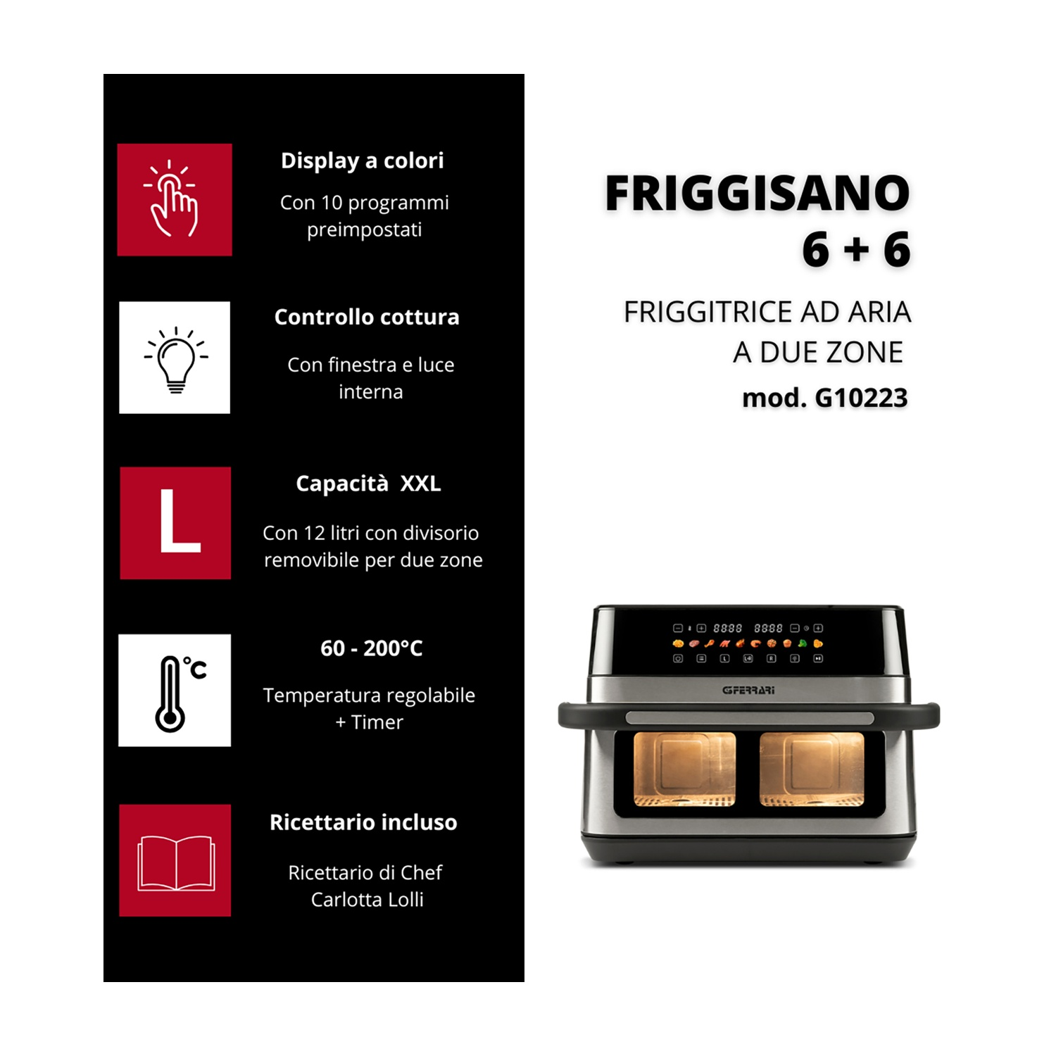 Friggitrice ad aria doppia zona con display a colori, capacità 12L, 60-200°C.