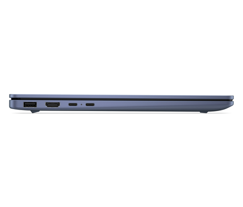Vista lateral de un portátil azul mostrando puertos: USB-A, HDMI, 2x USB-C.
